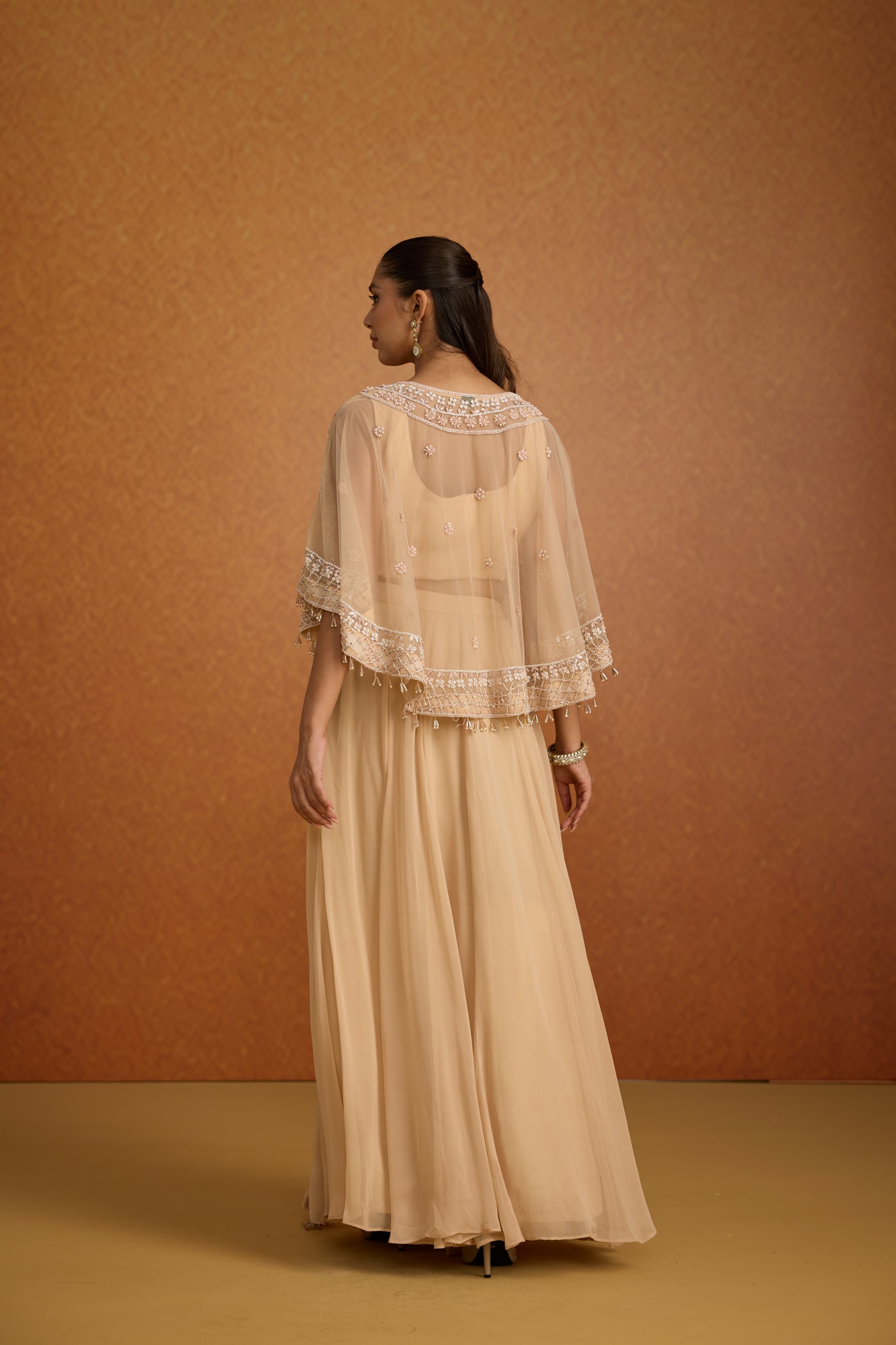 Pastel Beige Embellished Georgette Silk Skirt Set