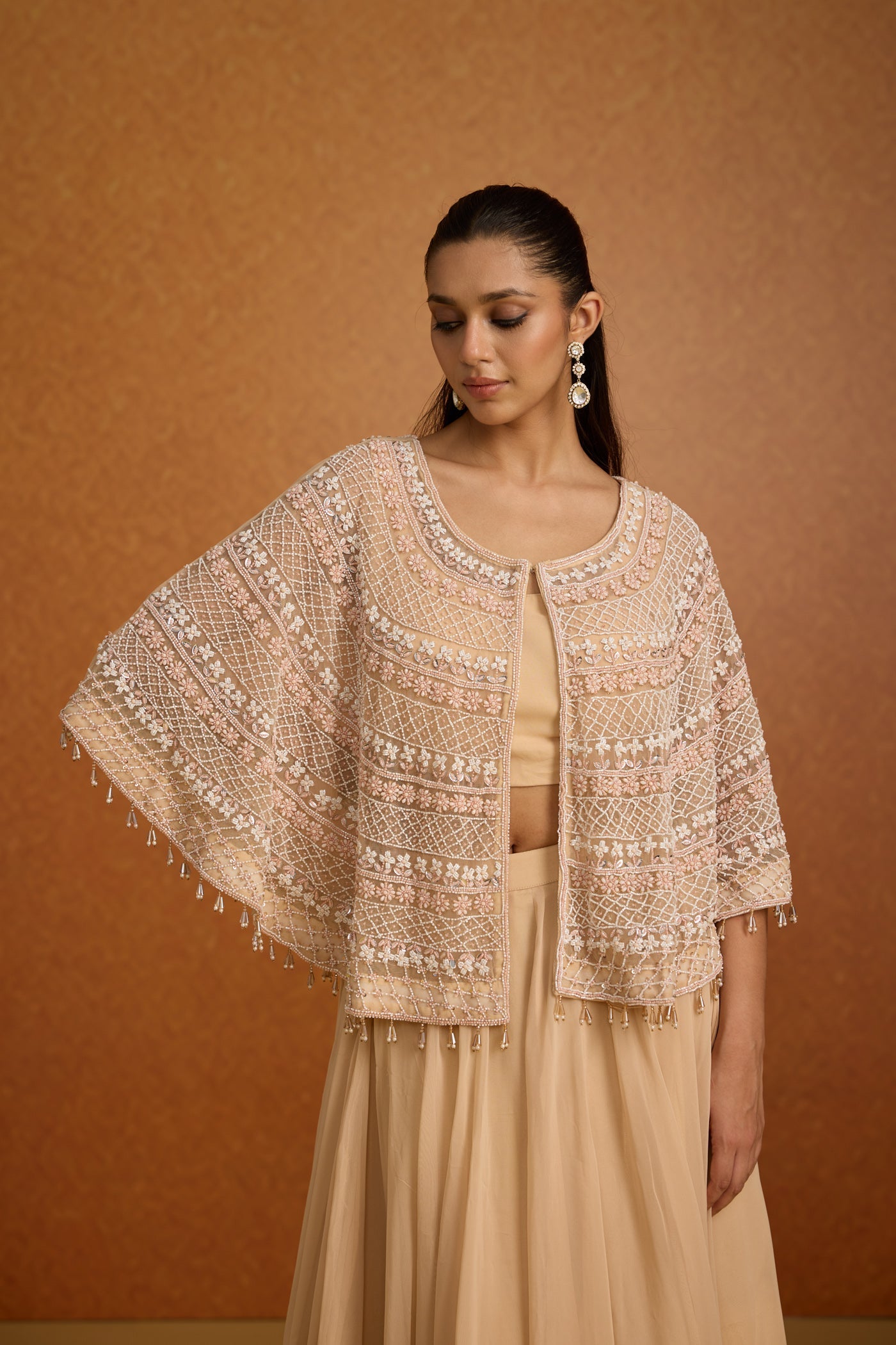 Pastel Beige Embellished Georgette Silk Skirt Set