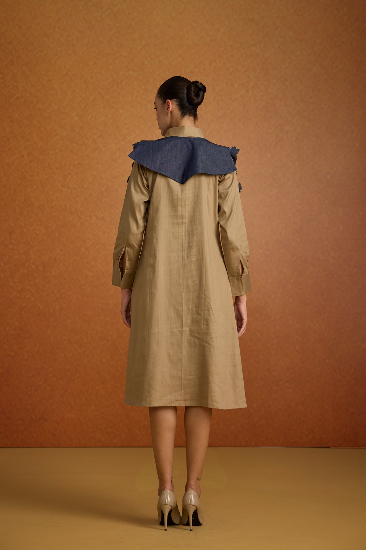 Beige Denim Embroidered Cotton Midi Dress