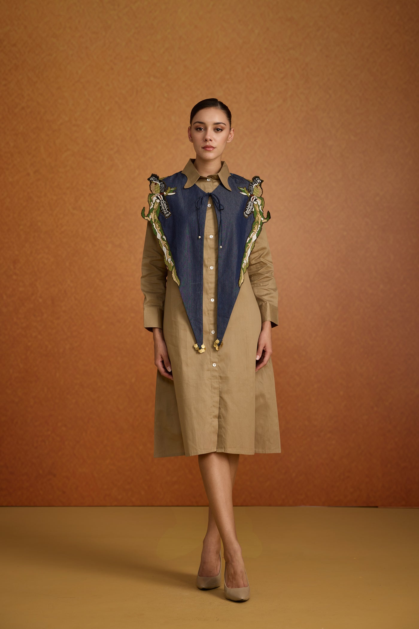 Beige Denim Embroidered Cotton Midi Dress