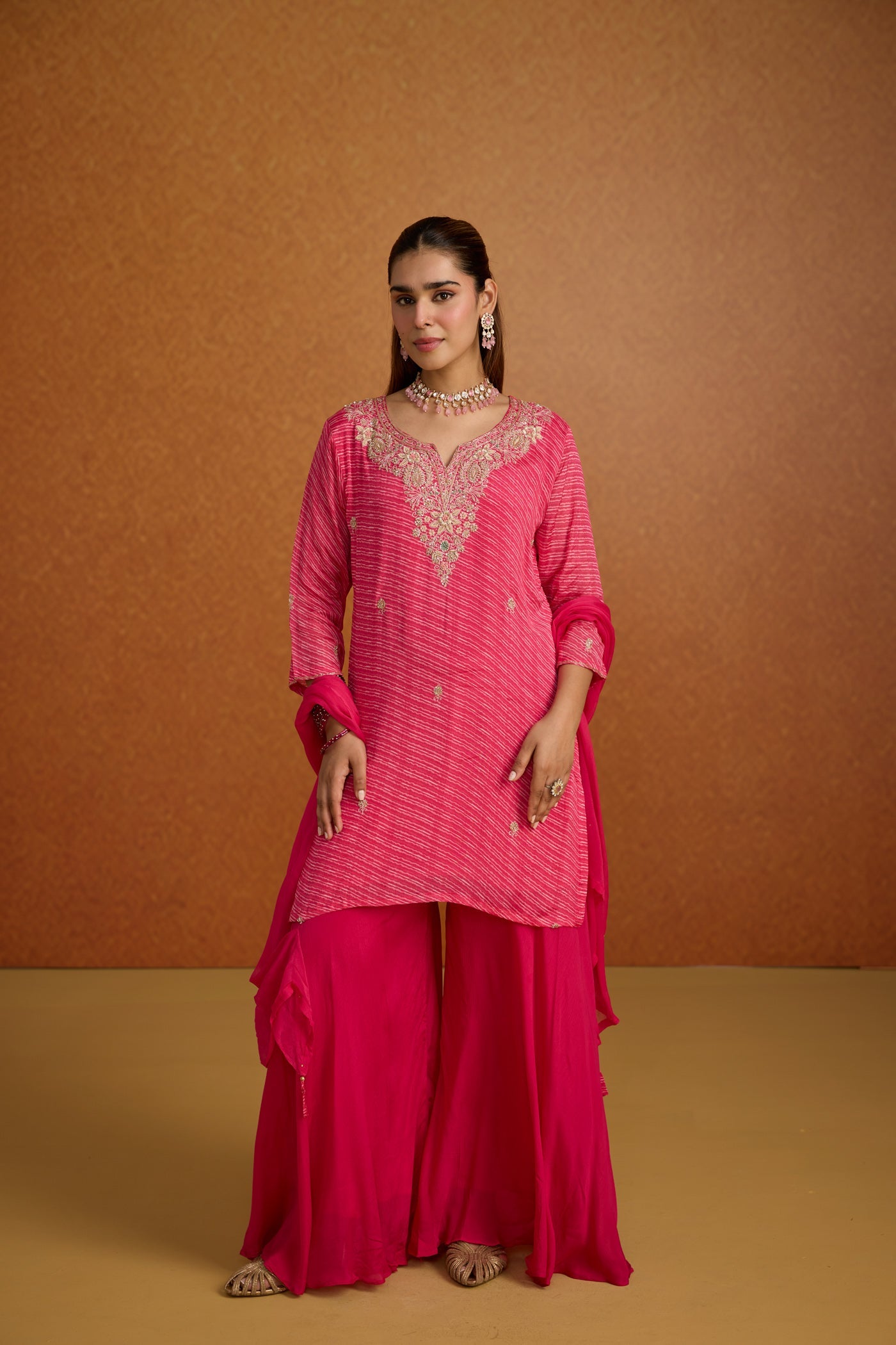 Rani Pink Embellished Lehriya Crepe Silk Palazzo Set