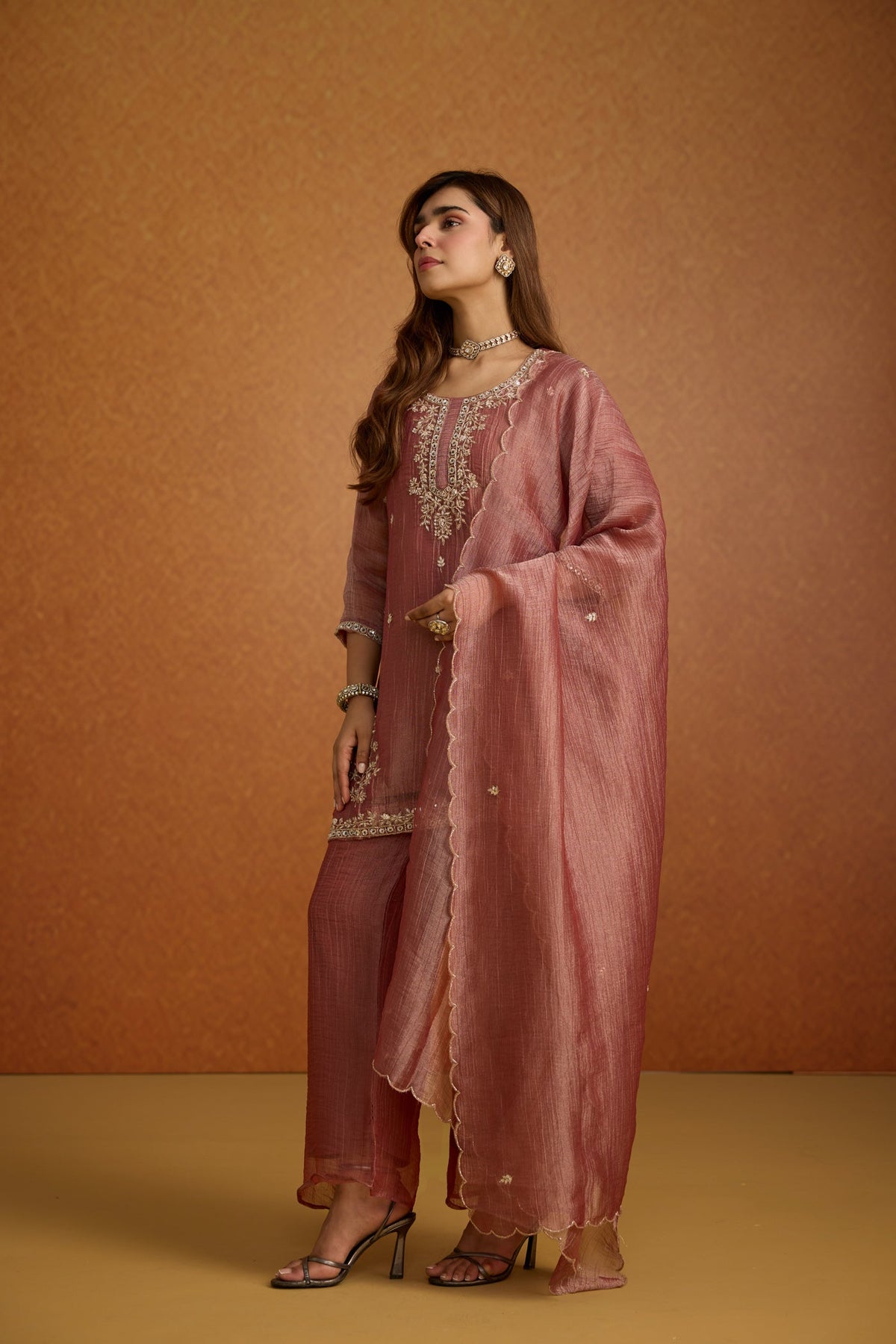 Dusty Mauve Embellished Tissue Silk Palazzo Set