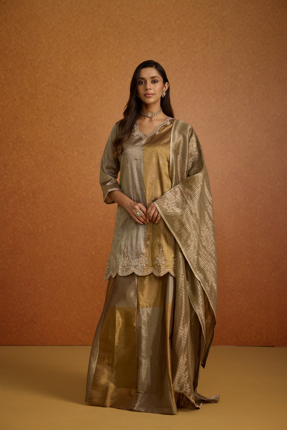 Metallic Greige Embellished Premium Silk Skirt Set