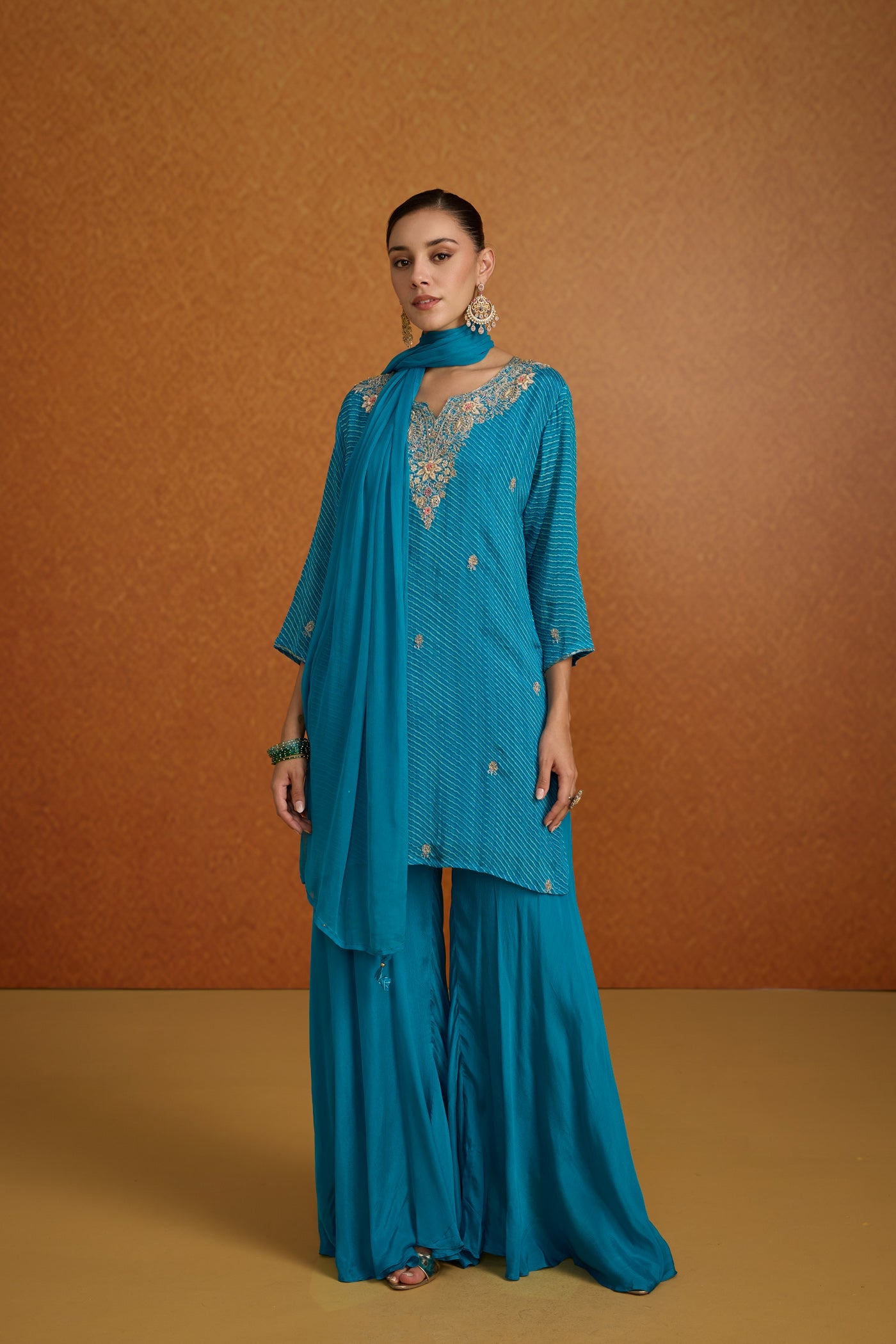 Turquoise Teal Embellished Crepe Silk Palazzo Set