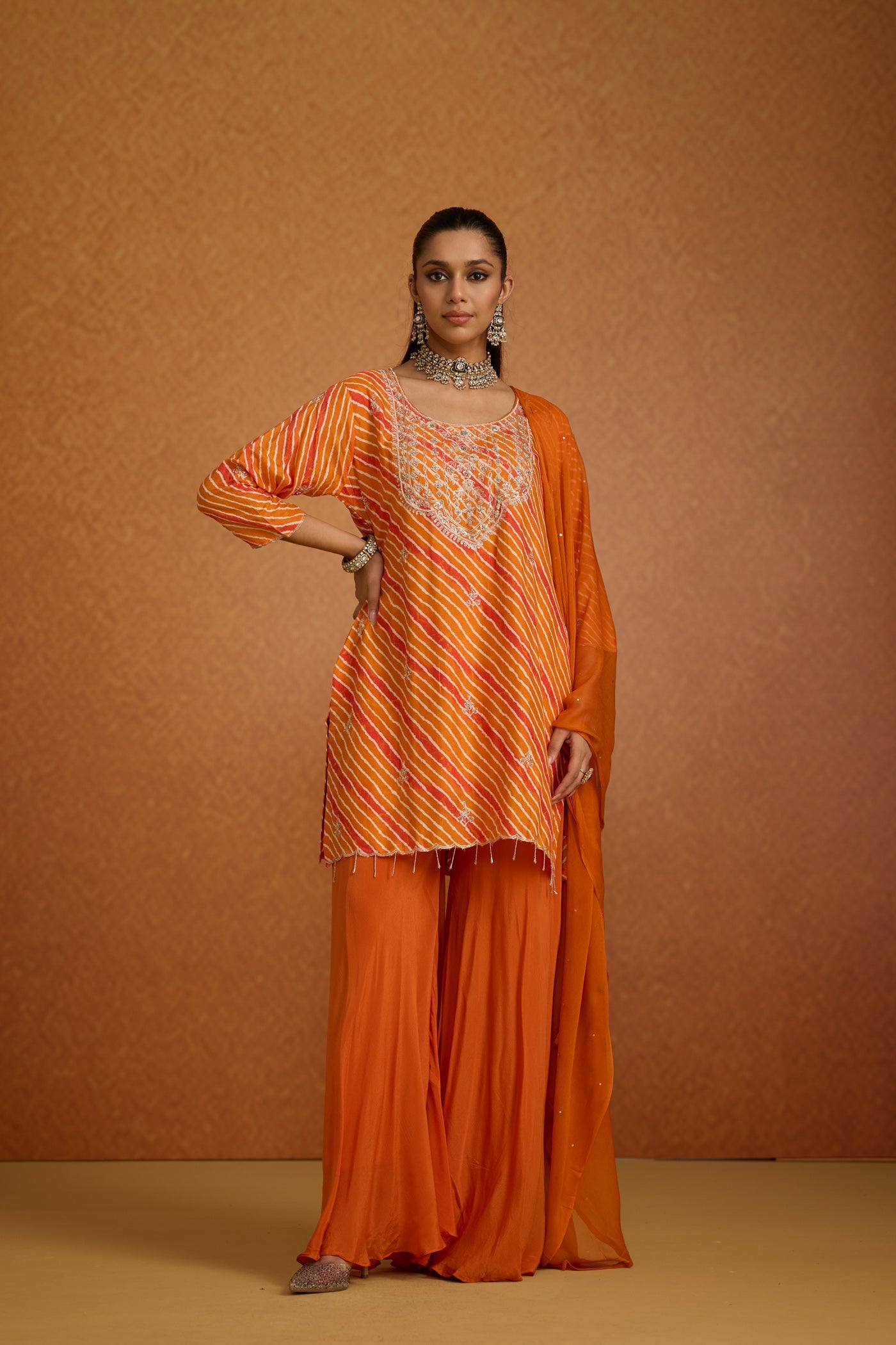 Citrus Embellished Leheriya Crepe Silk Palazzo Set