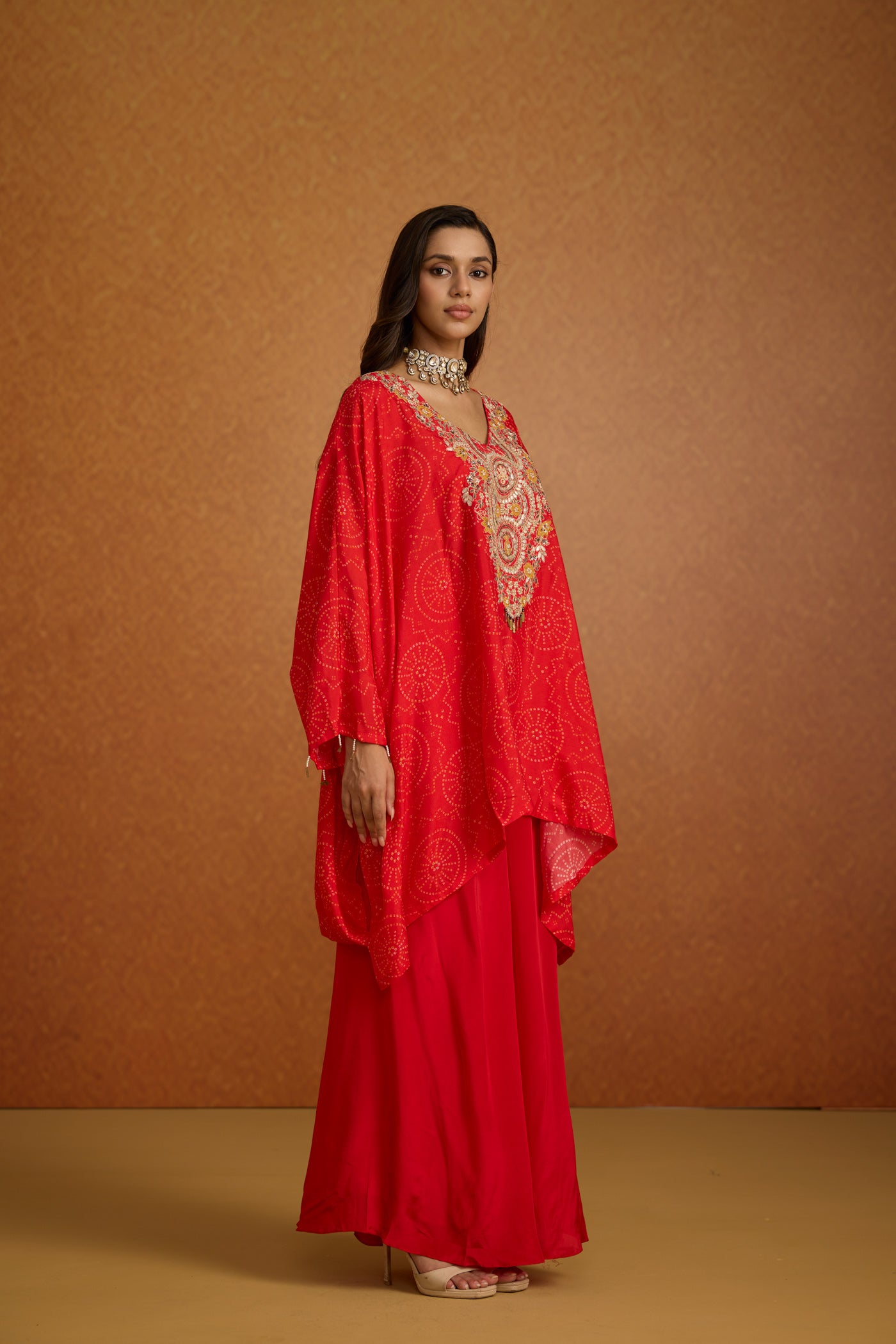 Poppy Red Embellished Crepe Silk Kaftan Set