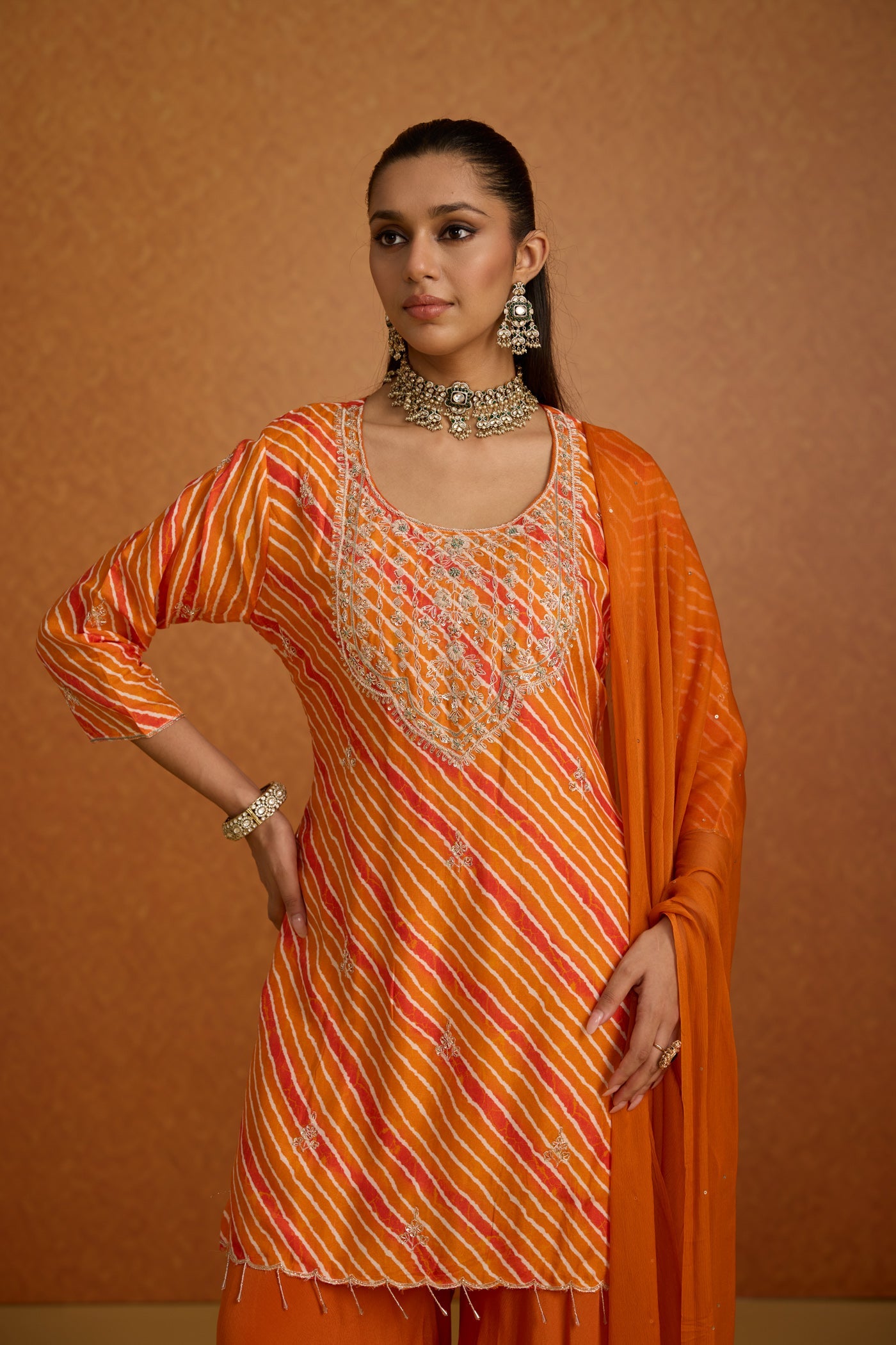 Citrus Embellished Leheriya Crepe Silk Palazzo Set