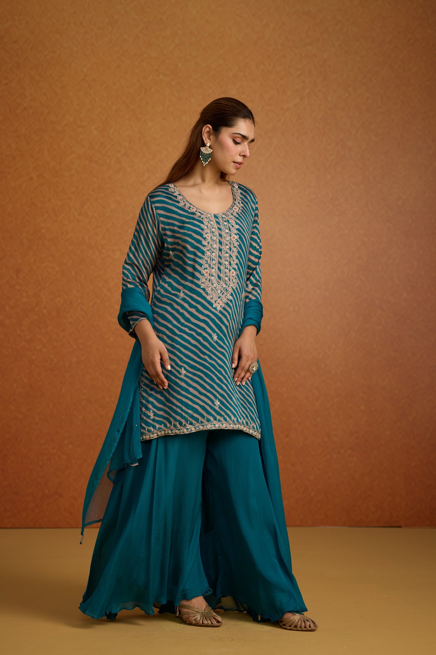 Teal Peacock Embellished Crepe Silk Palazzo Set