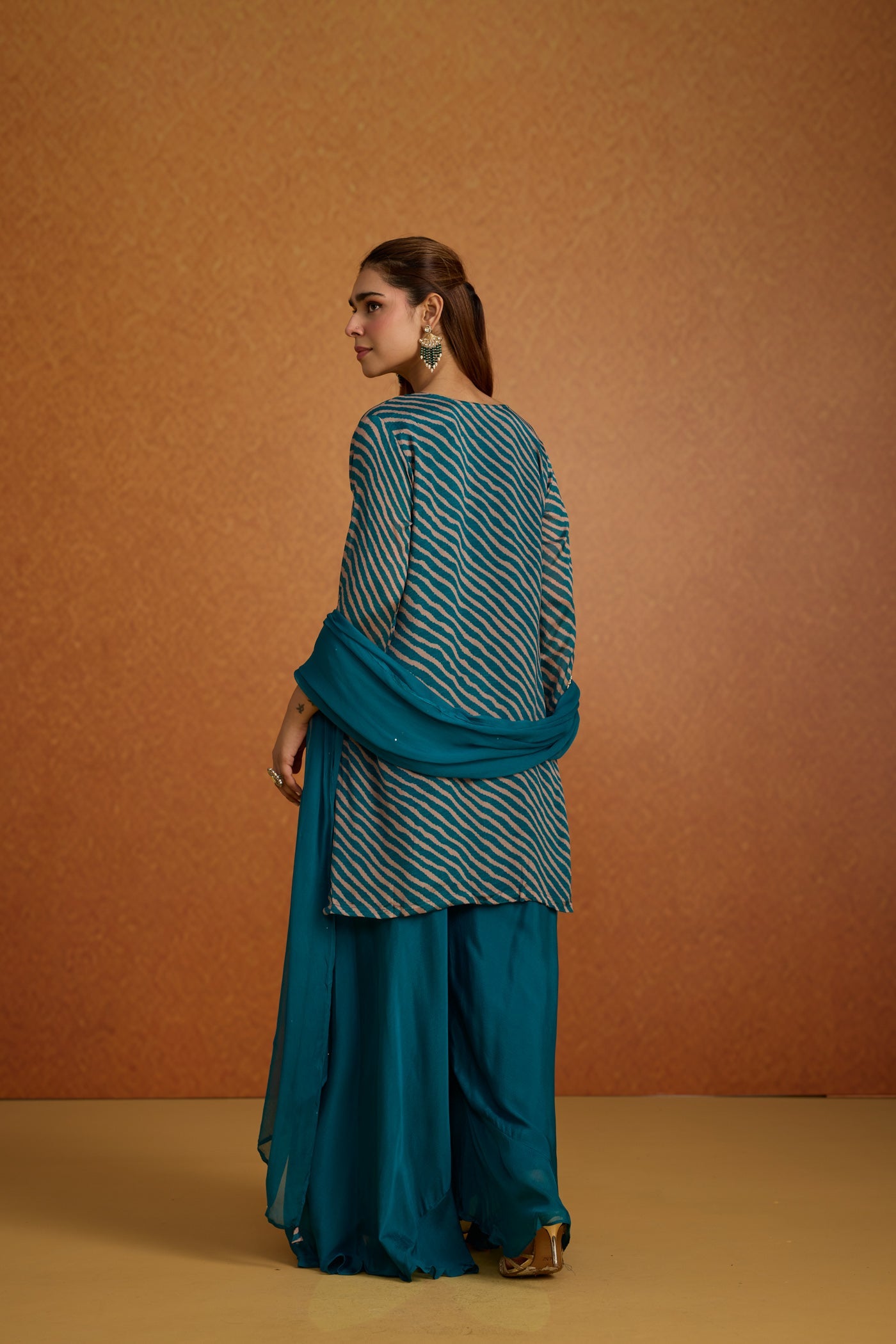 Teal Peacock Embellished Crepe Silk Palazzo Set