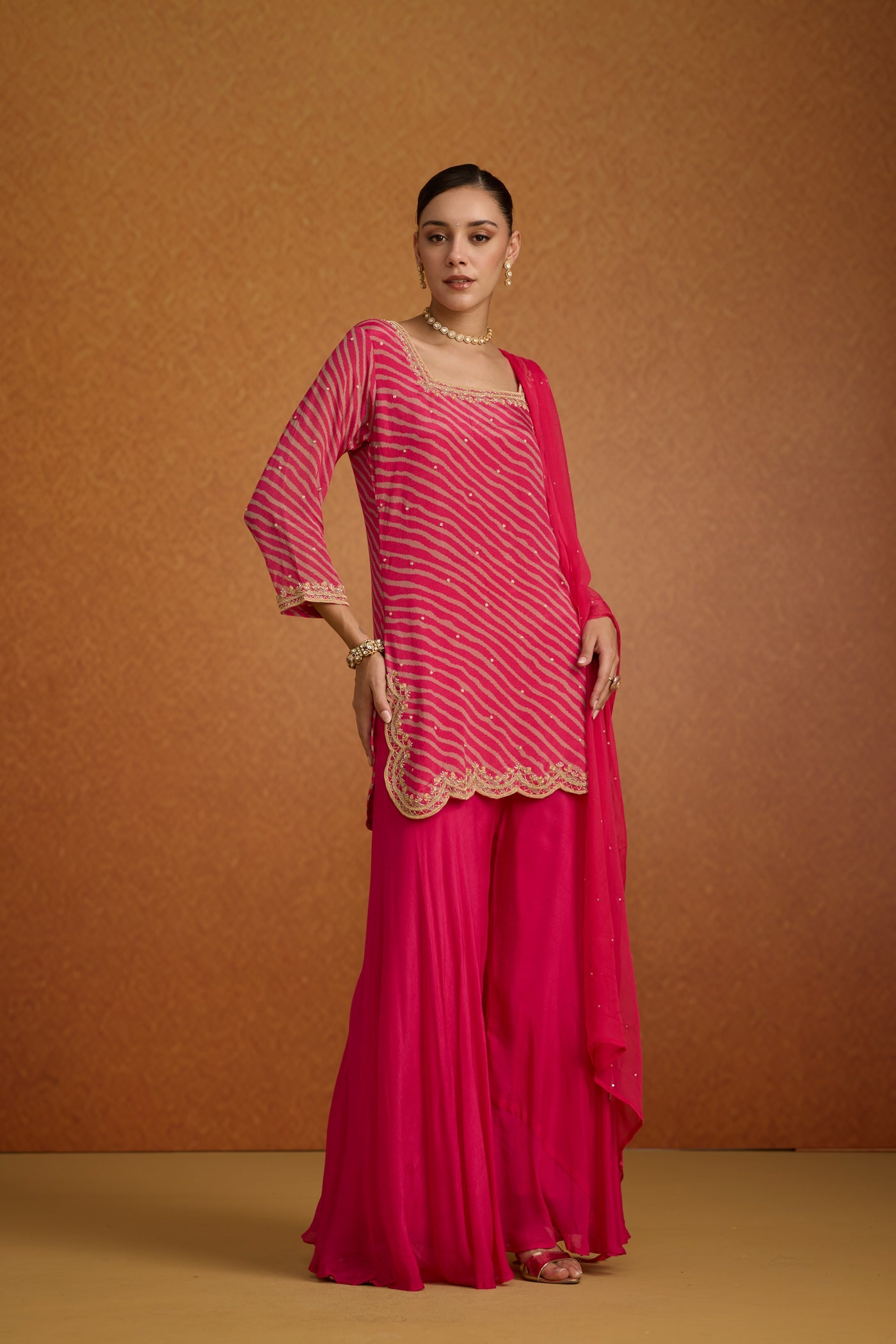 Magenta Pink Embellished Lehriya Chinon Silk Palazzo Set