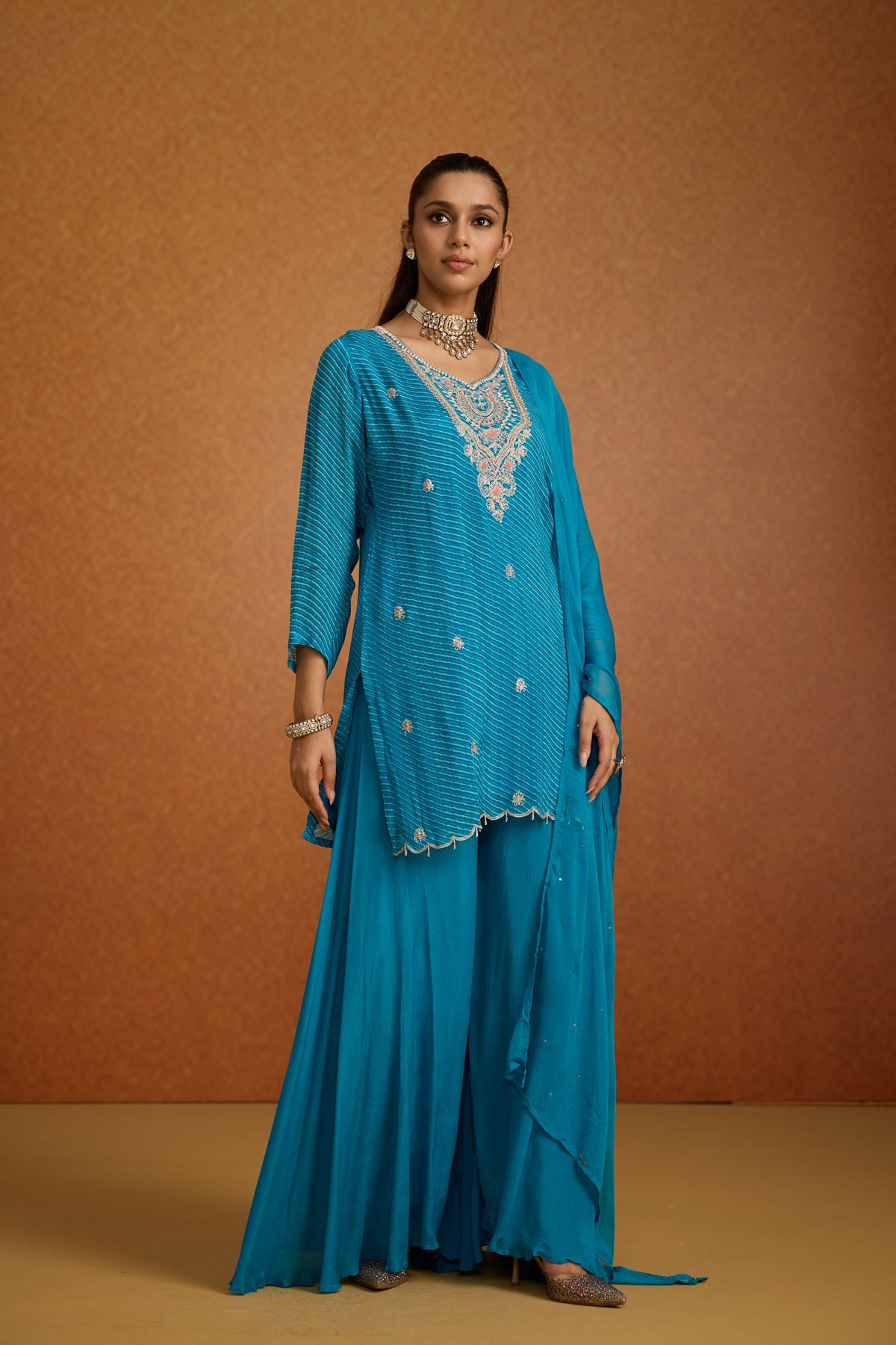 Teal Blue Embellished Leheriya Crepe Silk Palazzo Set