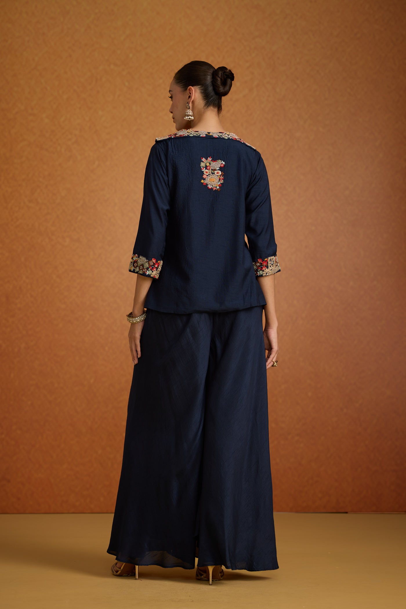 Navy Blue Embroidered Raw Silk Sharara Set