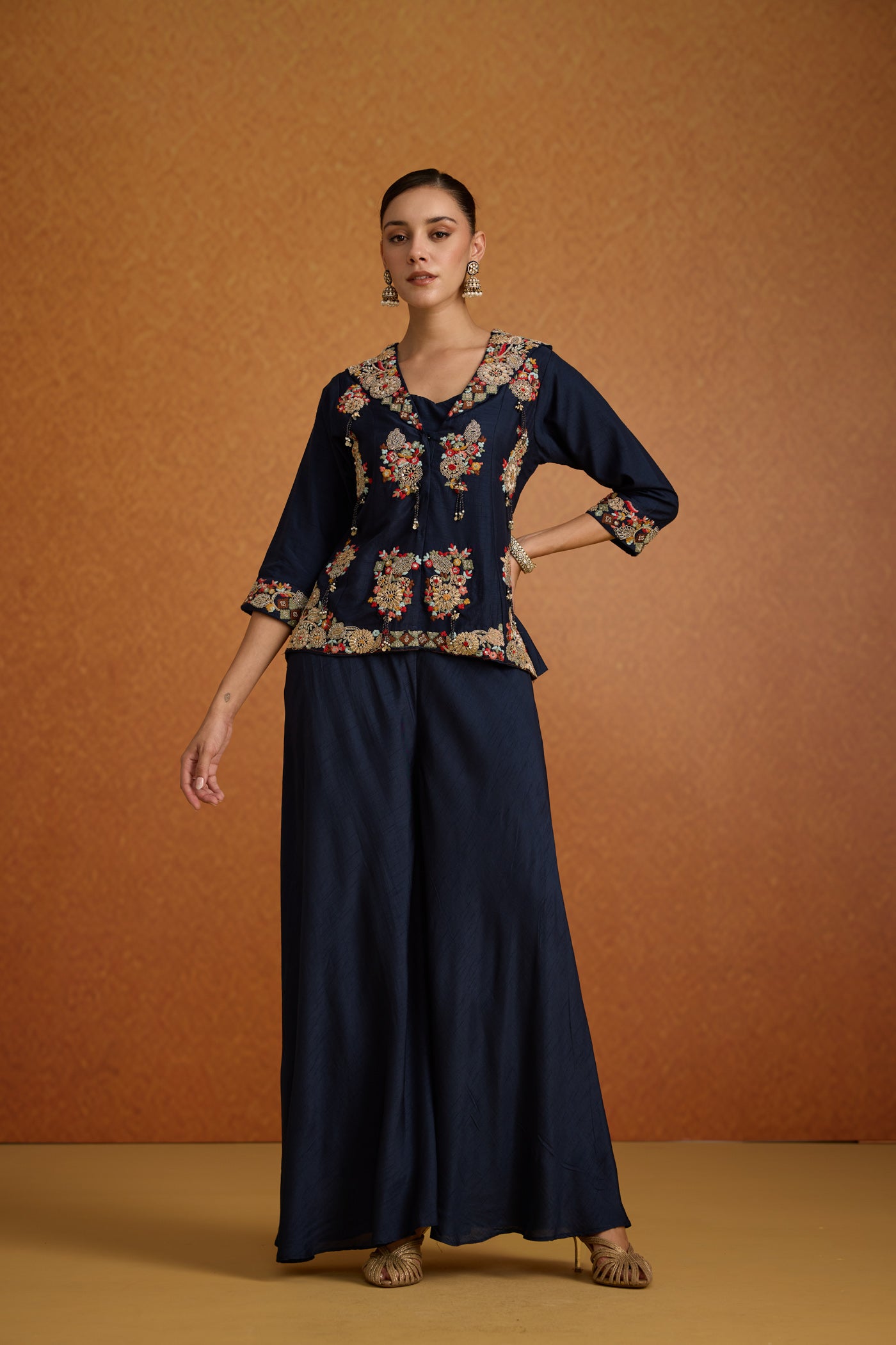 Navy Blue Embroidered Raw Silk Sharara Set