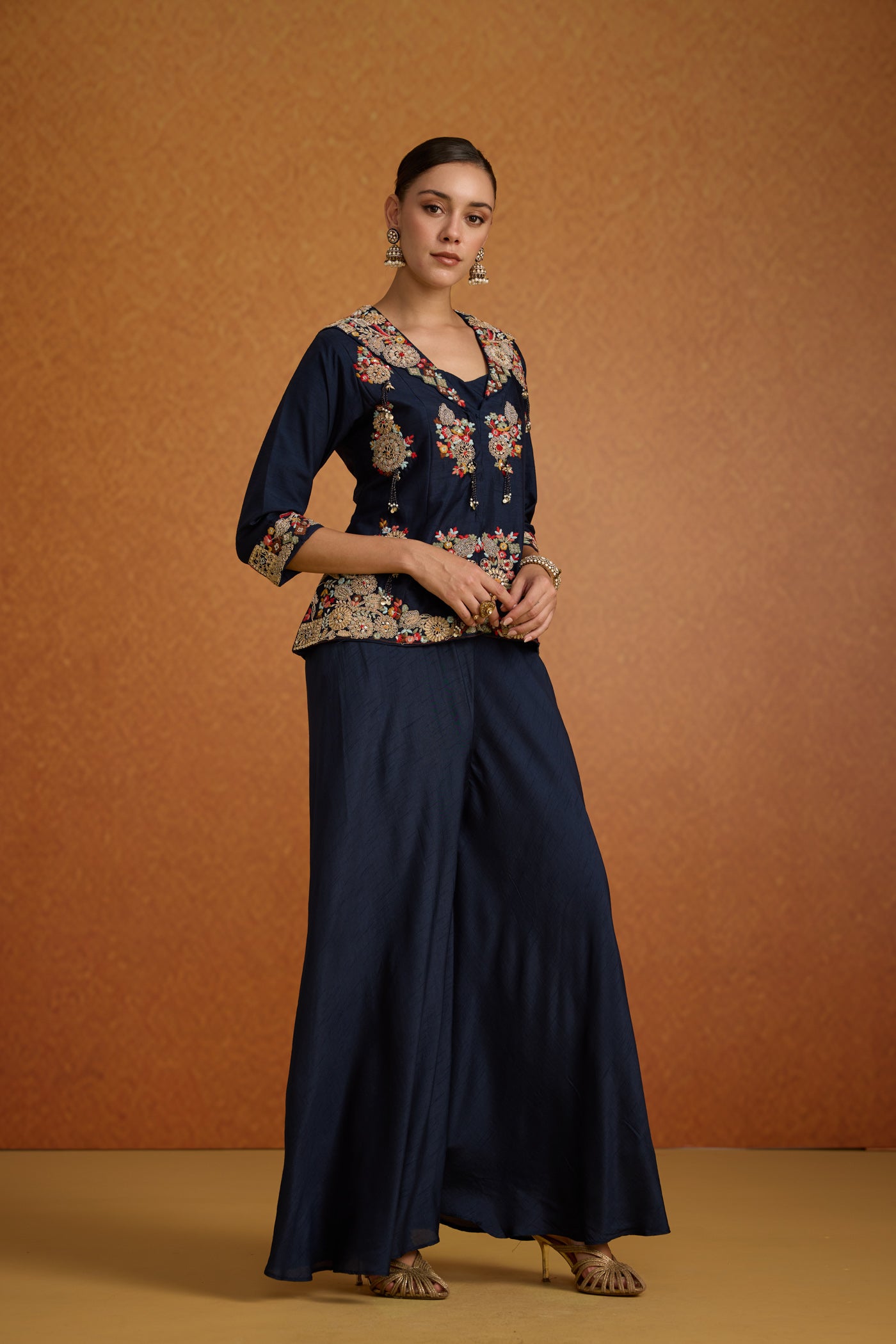 Navy Blue Embroidered Raw Silk Sharara Set
