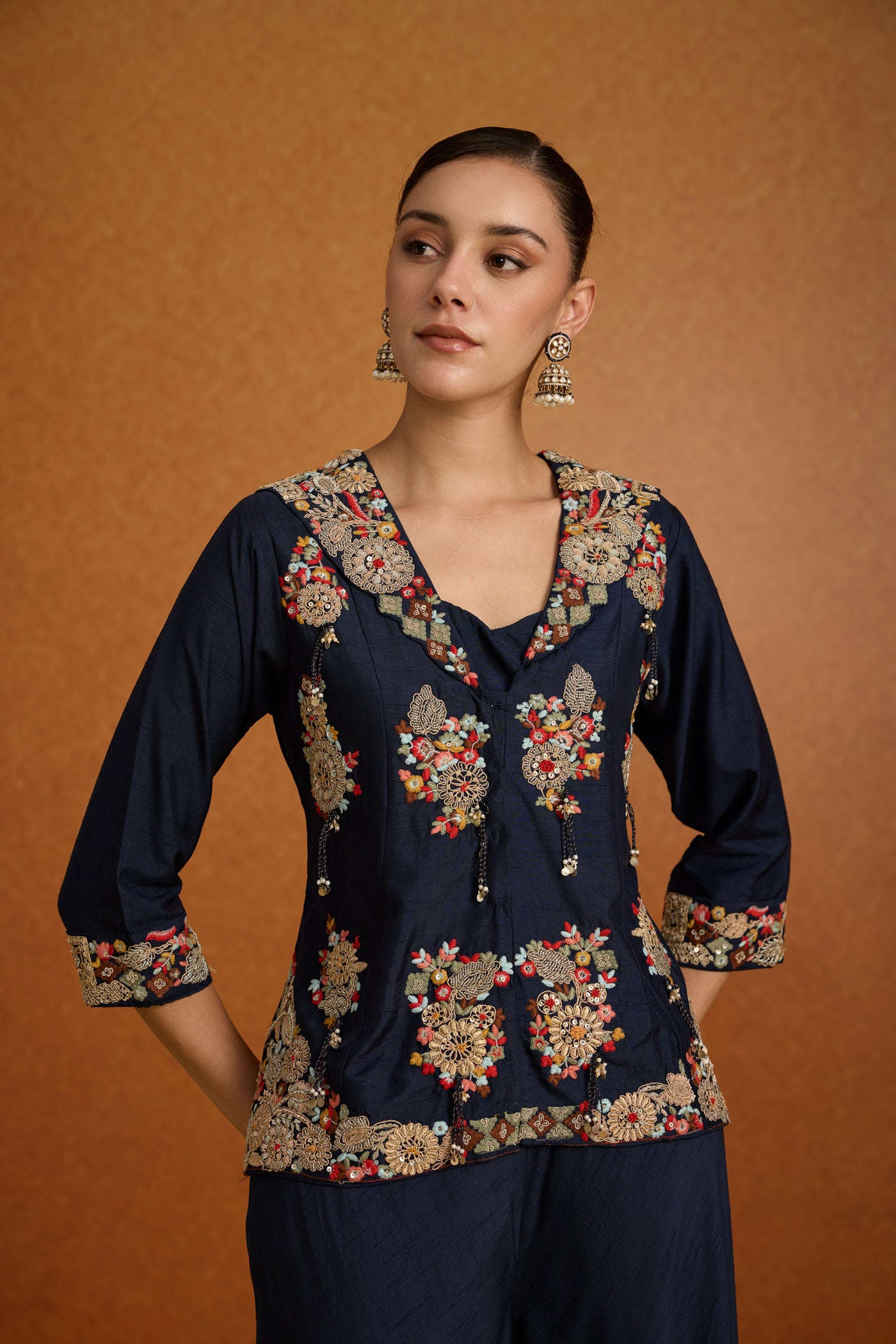 Navy Blue Embroidered Raw Silk Sharara Set