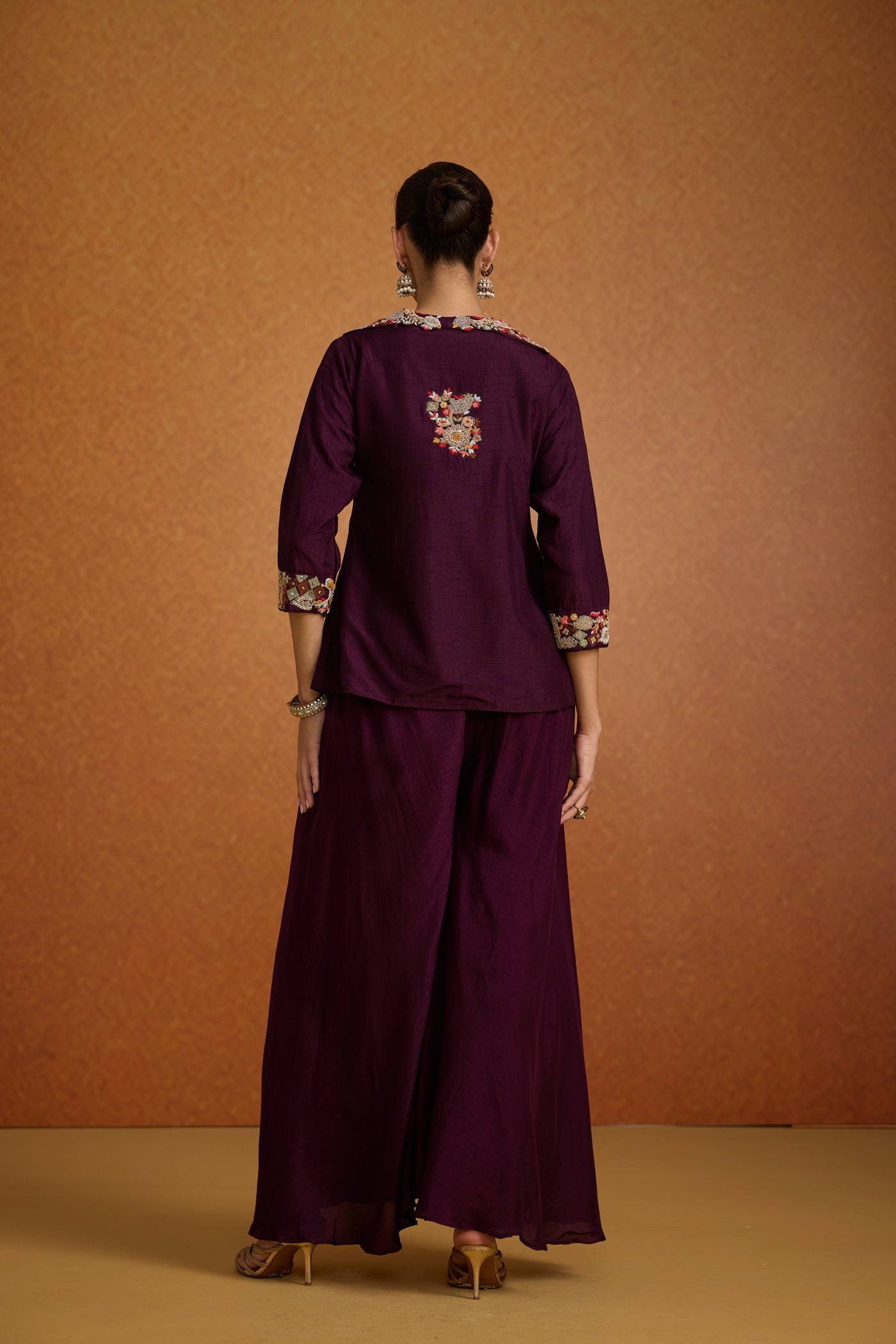 Deep Aubergine Embroidered Raw Silk Sharara Set