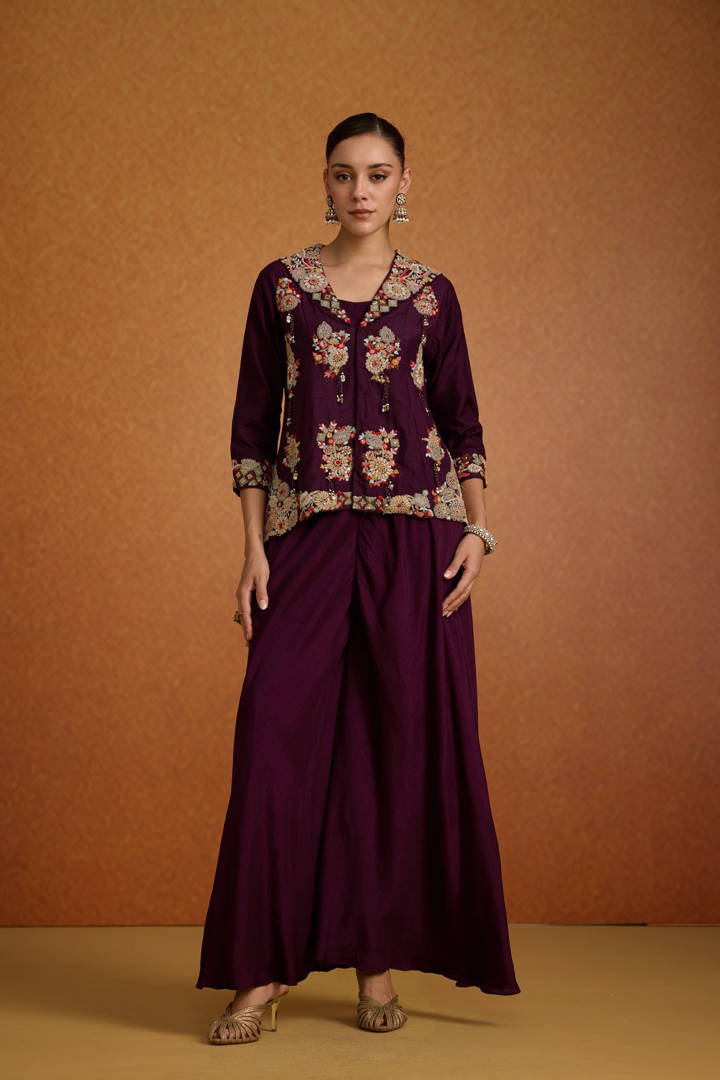 Deep Aubergine Embroidered Raw Silk Sharara Set