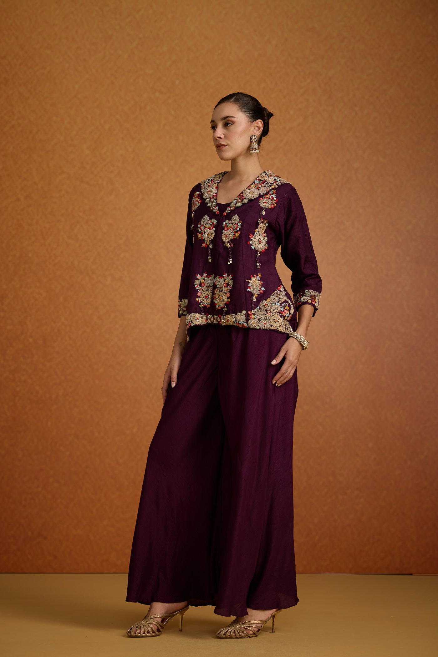 Deep Aubergine Embroidered Raw Silk Sharara Set
