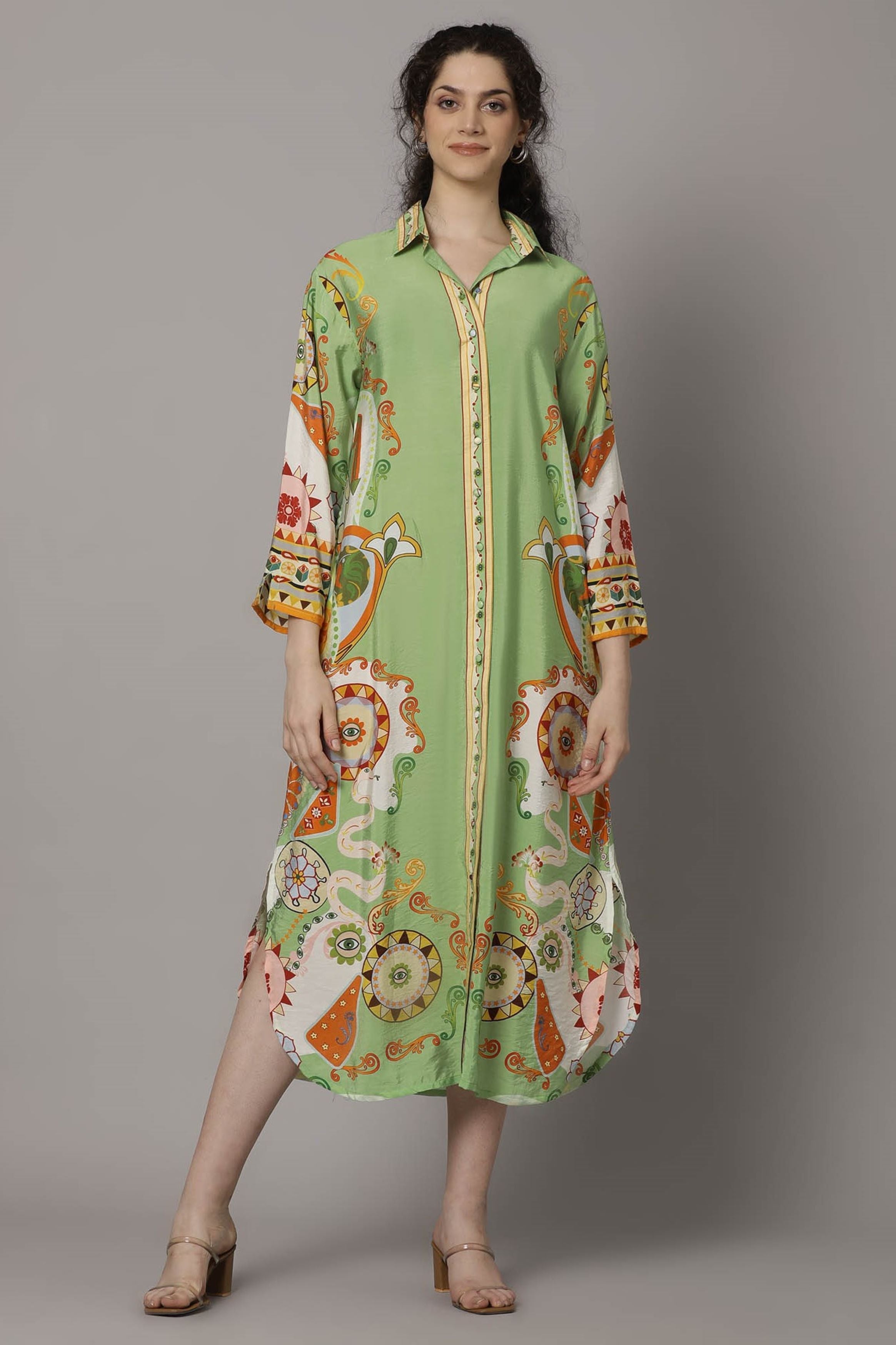 Green Digital Printed Premium Silk Dress