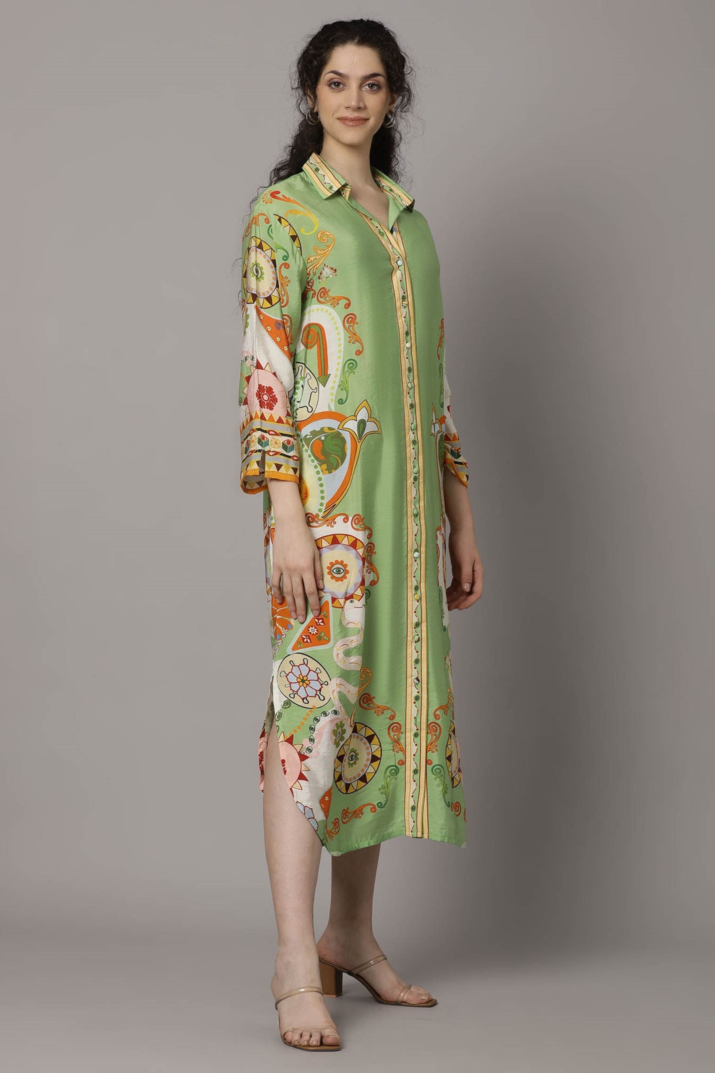 Green Digital Printed Premium Silk Dress