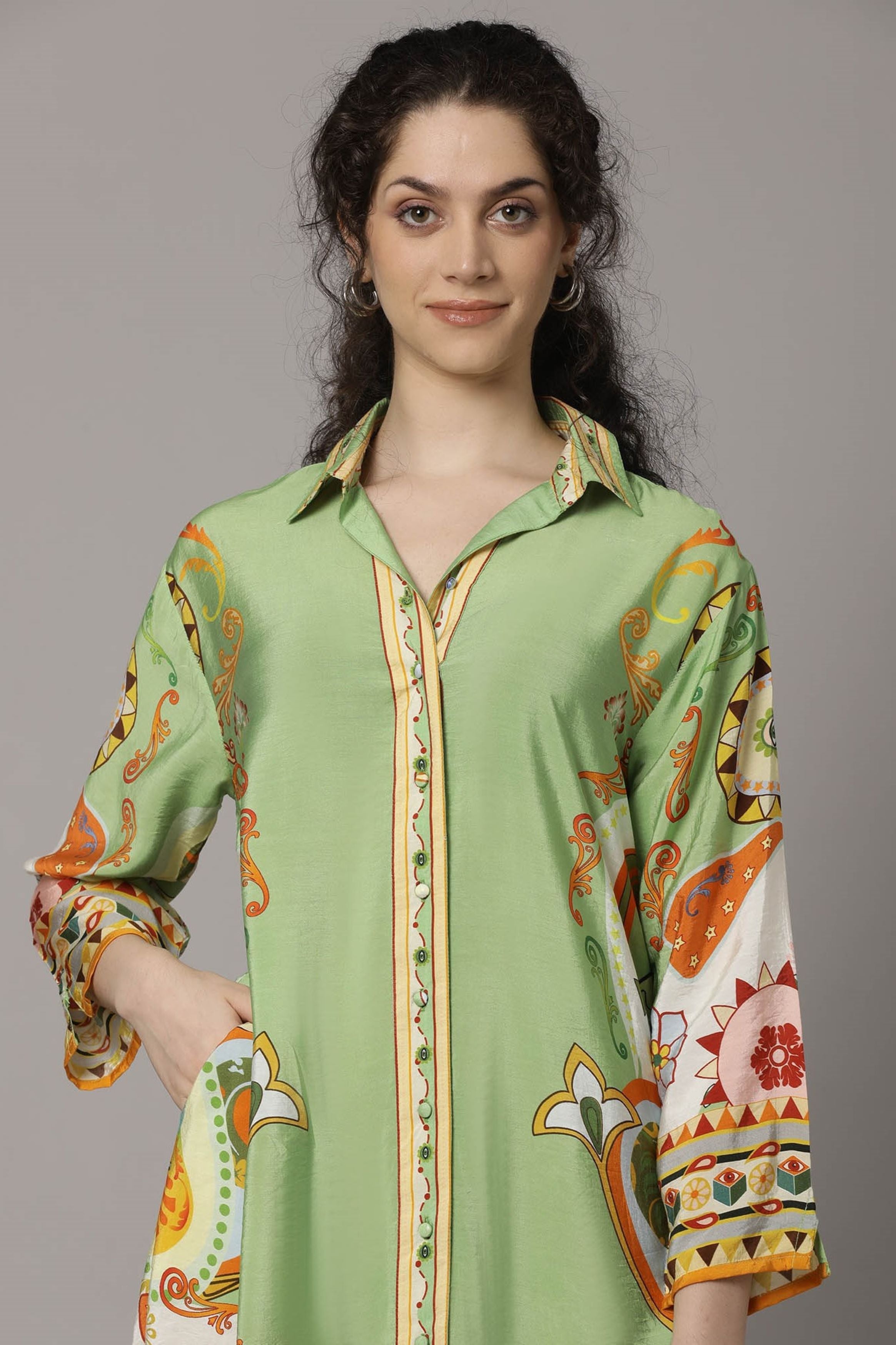 Green Digital Printed Premium Silk Dress