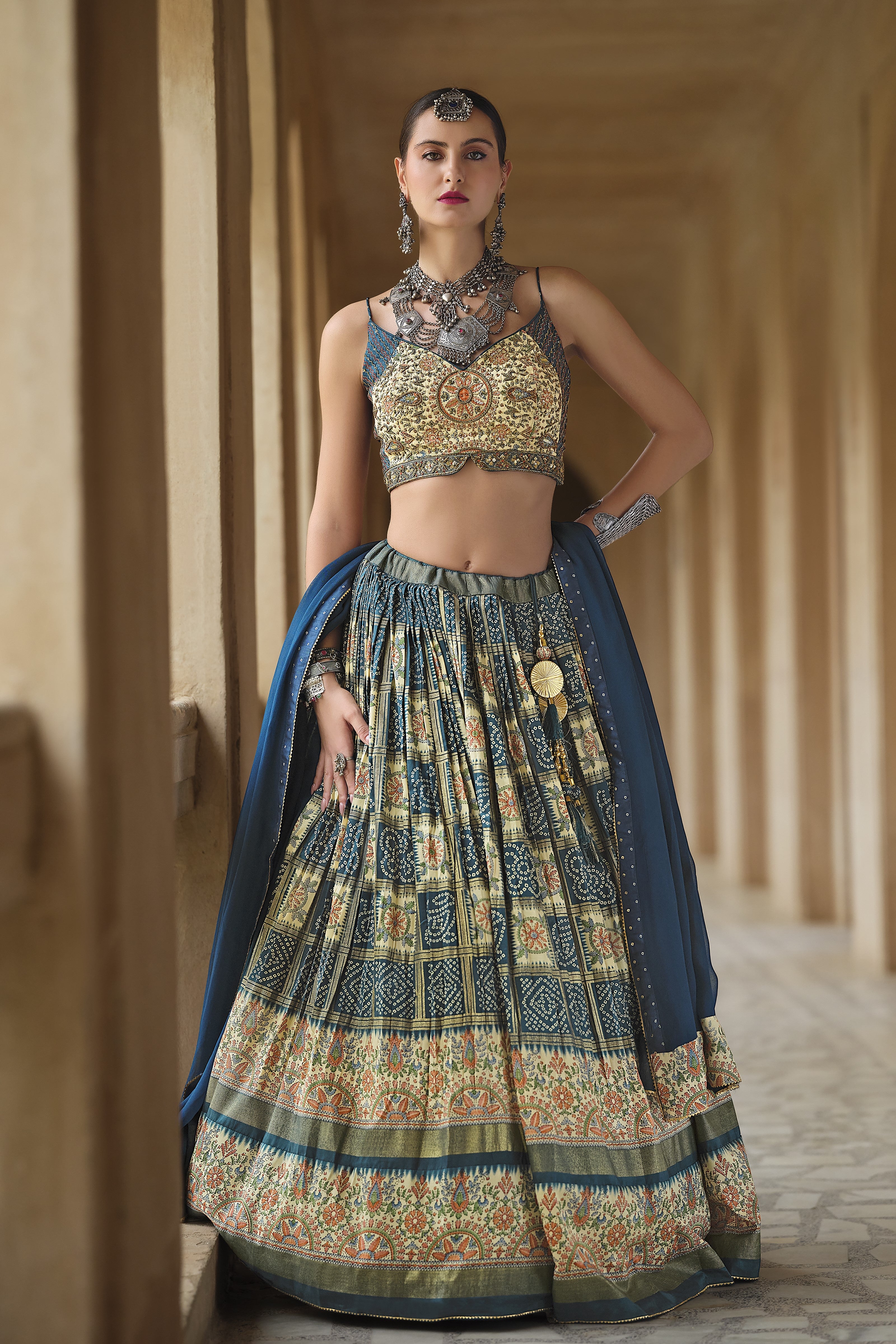 Dusty Blue Bandhani Printed Premium Silk Lehenga Set