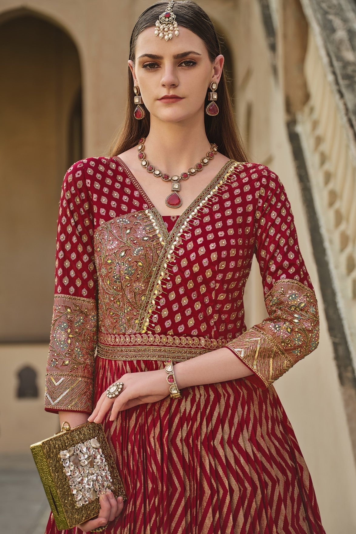 Burgundy Embellished Premium Silk Anarkali Set