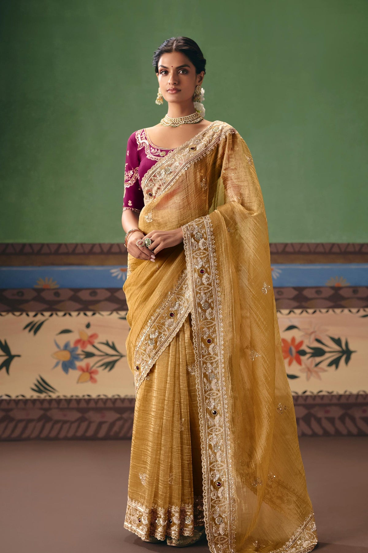 Mustard Ochre Embellished Tissue Organza Silk Saree