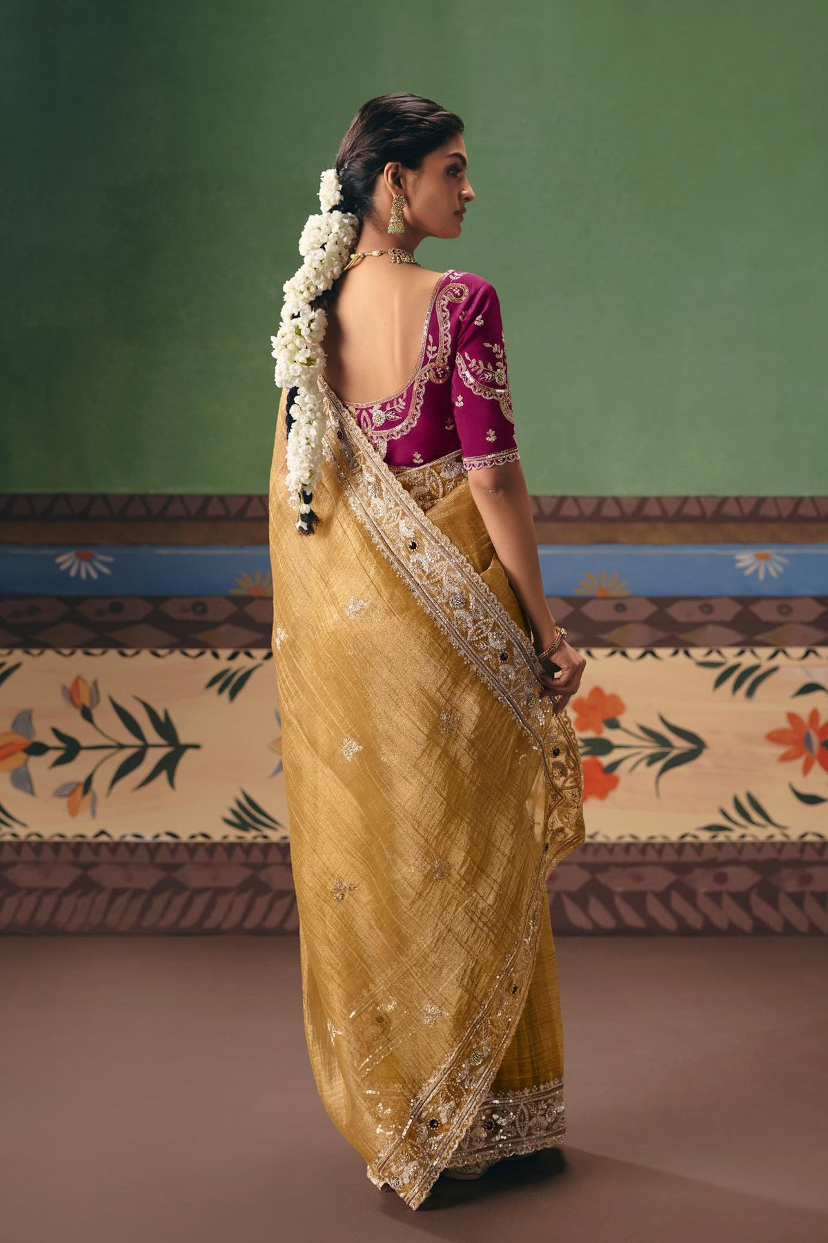 Mustard Ochre Embellished Tissue Organza Silk Saree