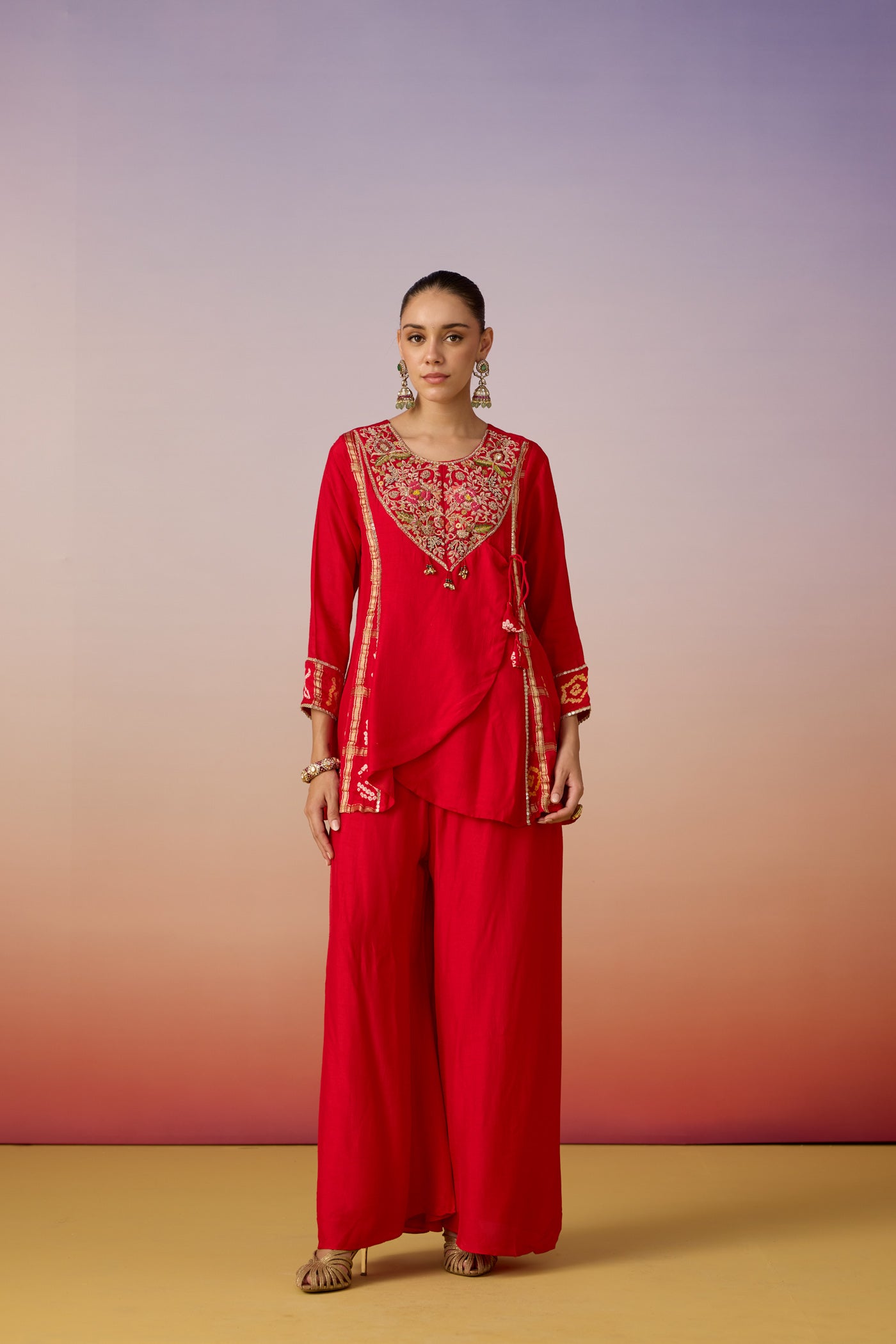 Vermilion Embellished Raw Silk Palazzo Set