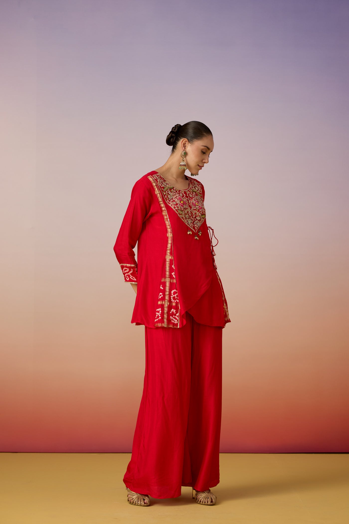 Vermilion Embellished Raw Silk Palazzo Set