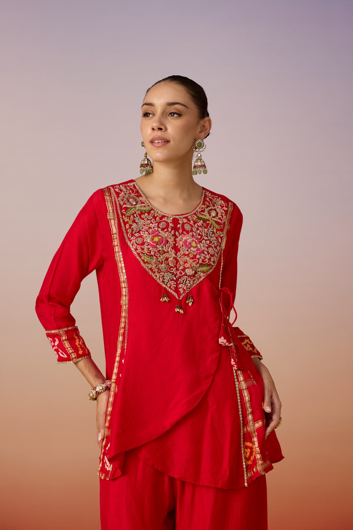 Vermilion Embellished Raw Silk Palazzo Set