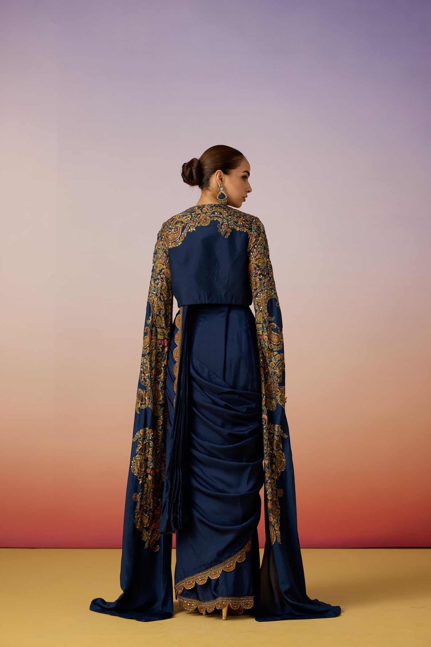 Classic Blue Embellished Dola Silk Cape Saree