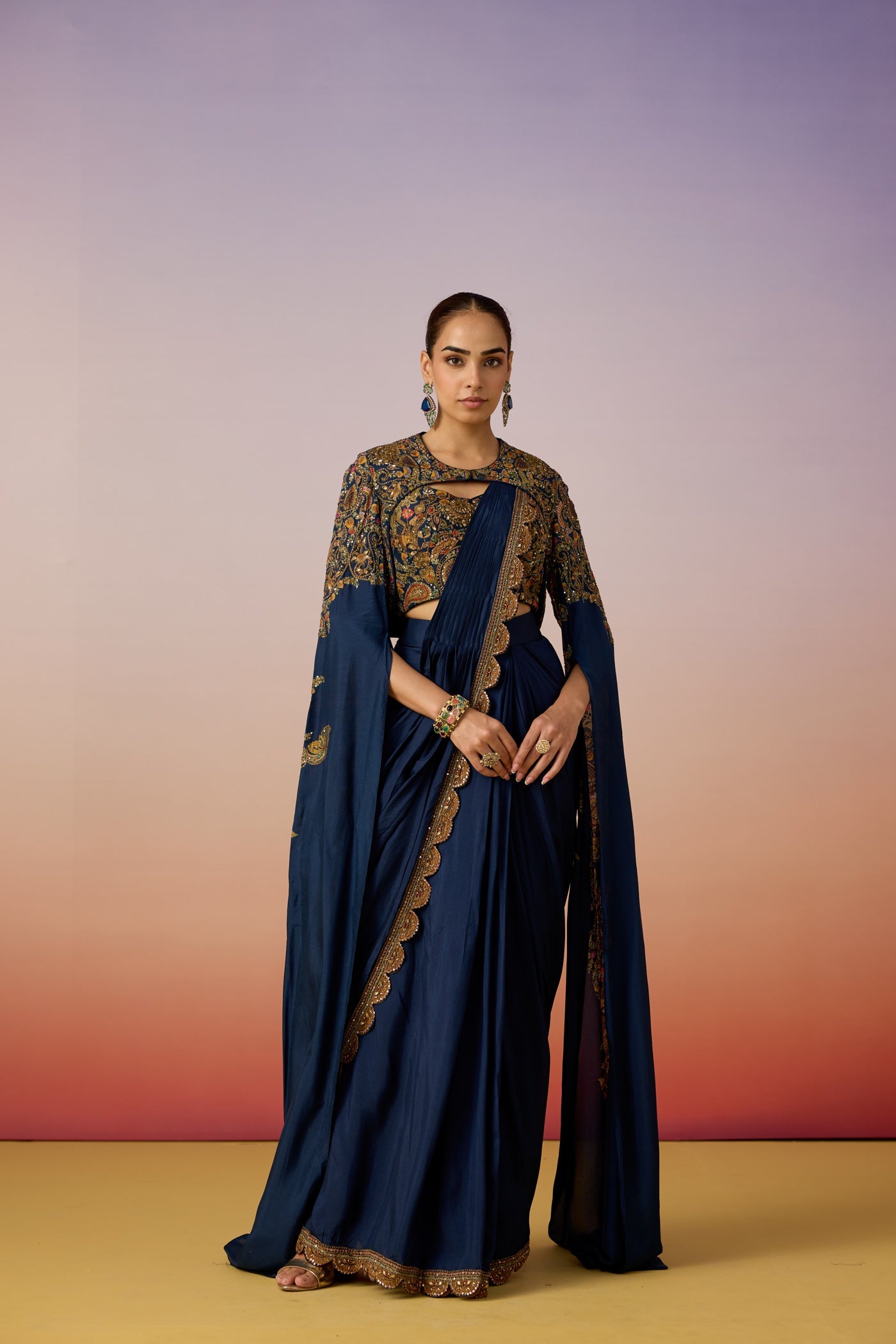 Classic Blue Embellished Dola Silk Cape Saree