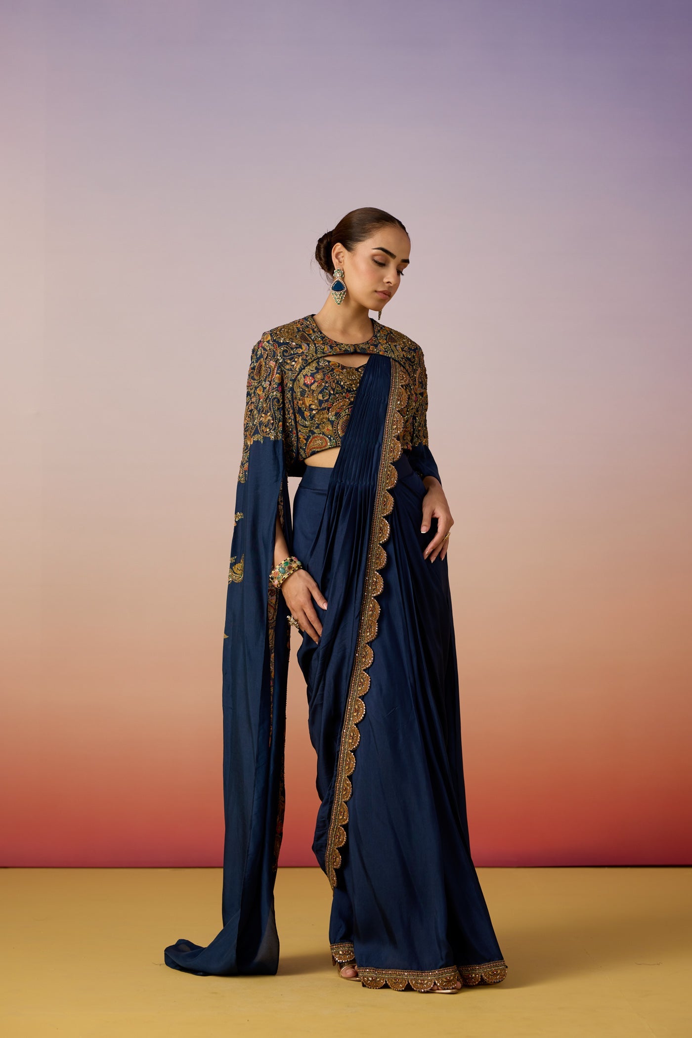 Classic Blue Embellished Dola Silk Cape Saree