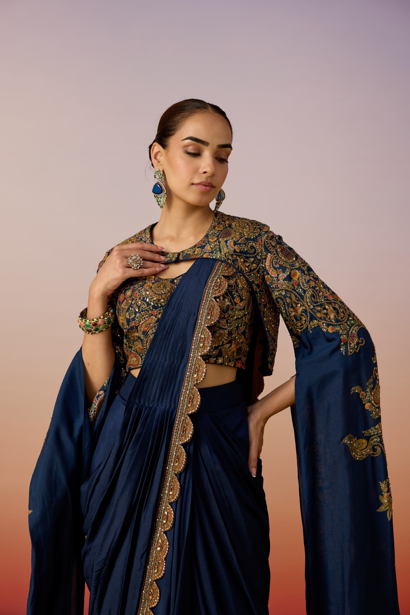 Classic Blue Embellished Dola Silk Cape Saree