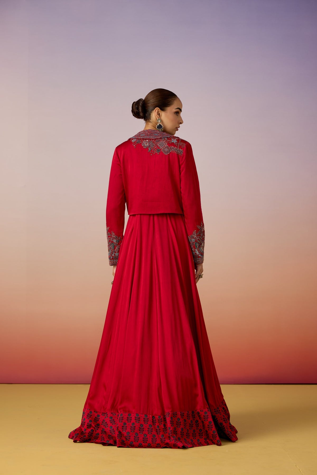 Crimson Red Embellished Satin Silk Anarkali Set