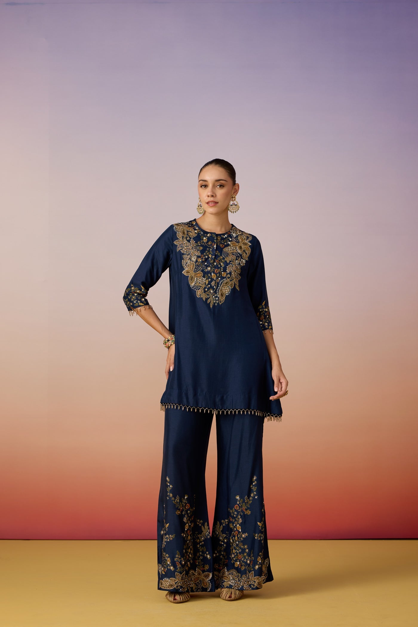 Midnight Navy Embellished Dola Silk Palazzo Set