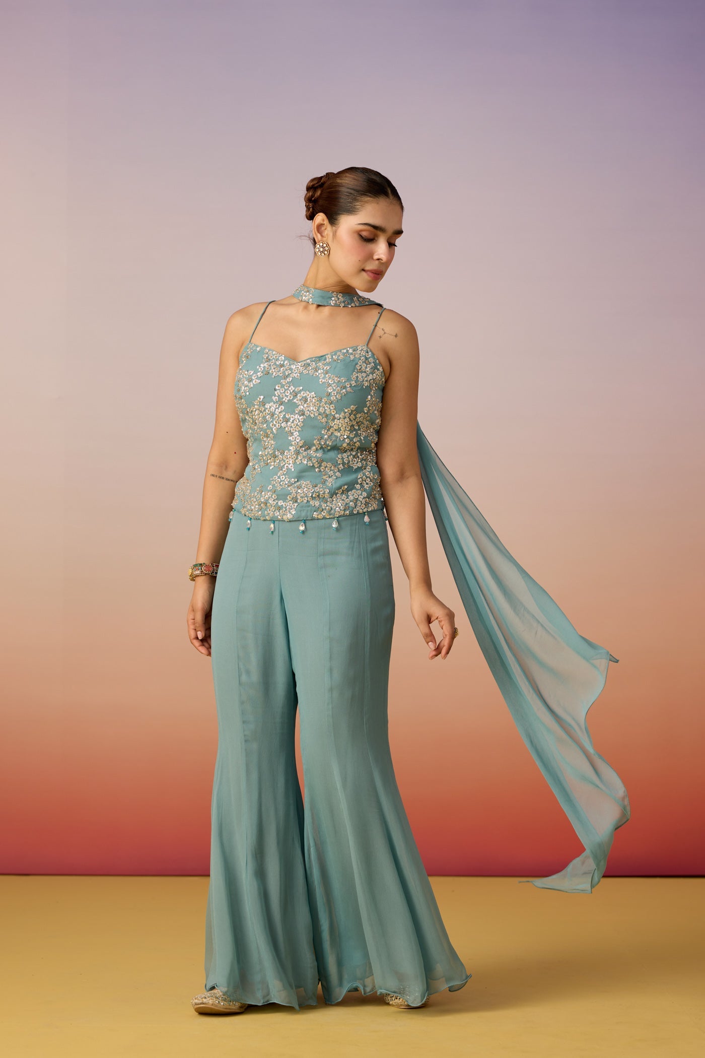 Dusty Aqua Embellished Georgette Silk Palazzo Set