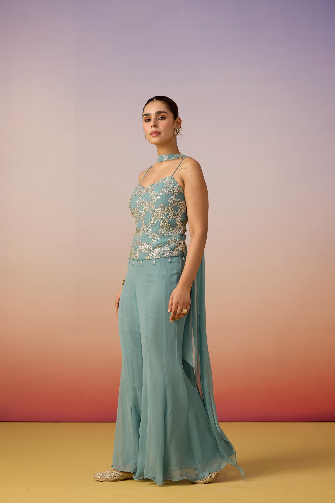 Dusty Aqua Embellished Georgette Silk Palazzo Set