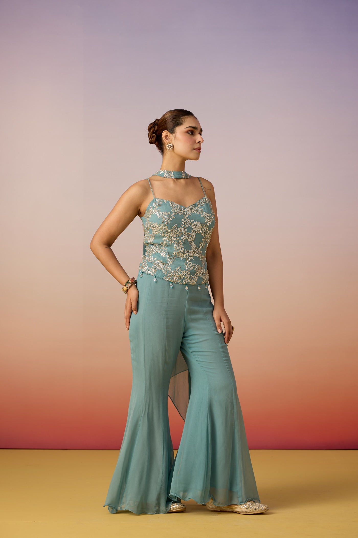 Dusty Aqua Embellished Georgette Silk Palazzo Set