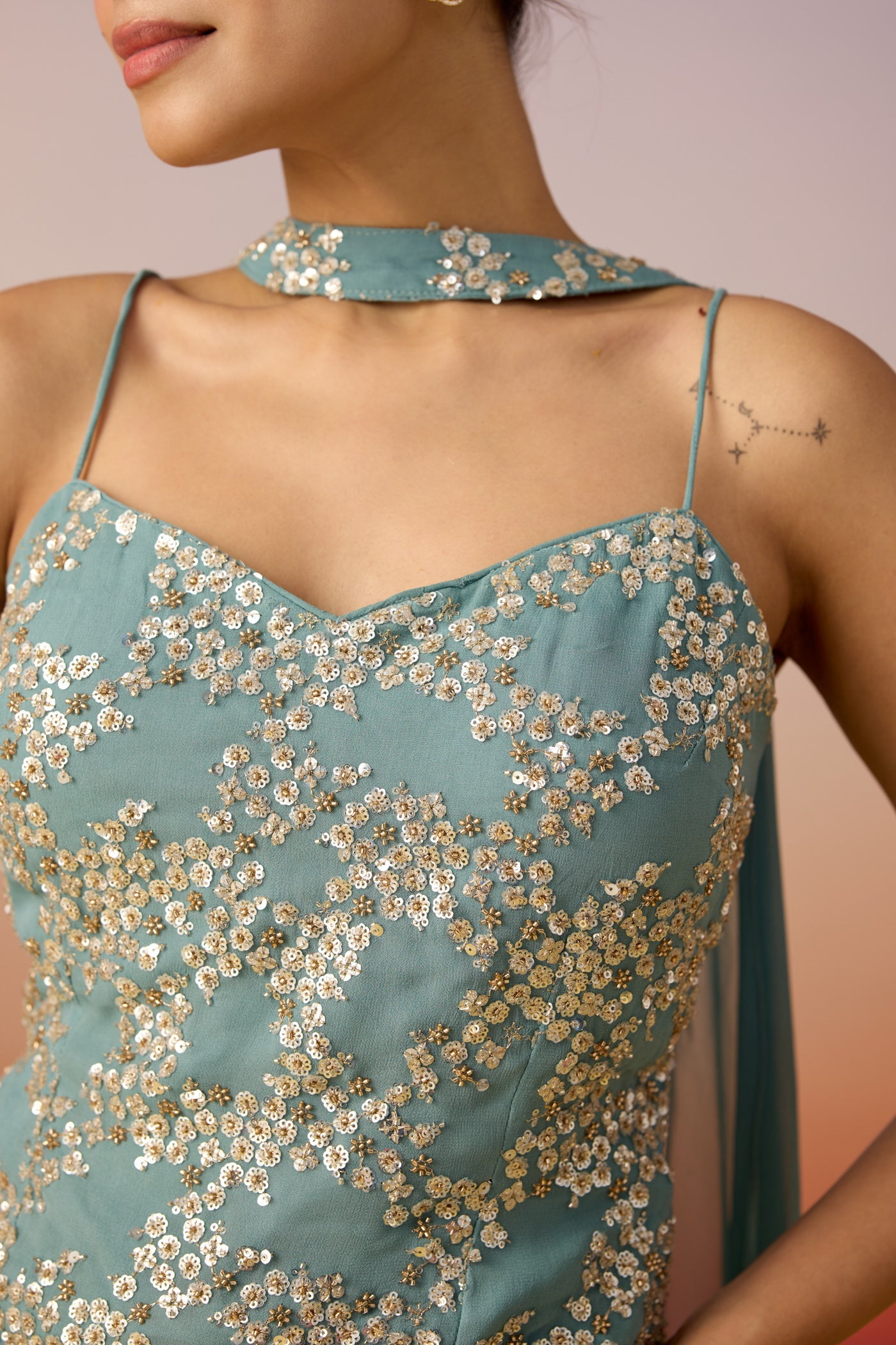 Dusty Aqua Embellished Georgette Silk Palazzo Set