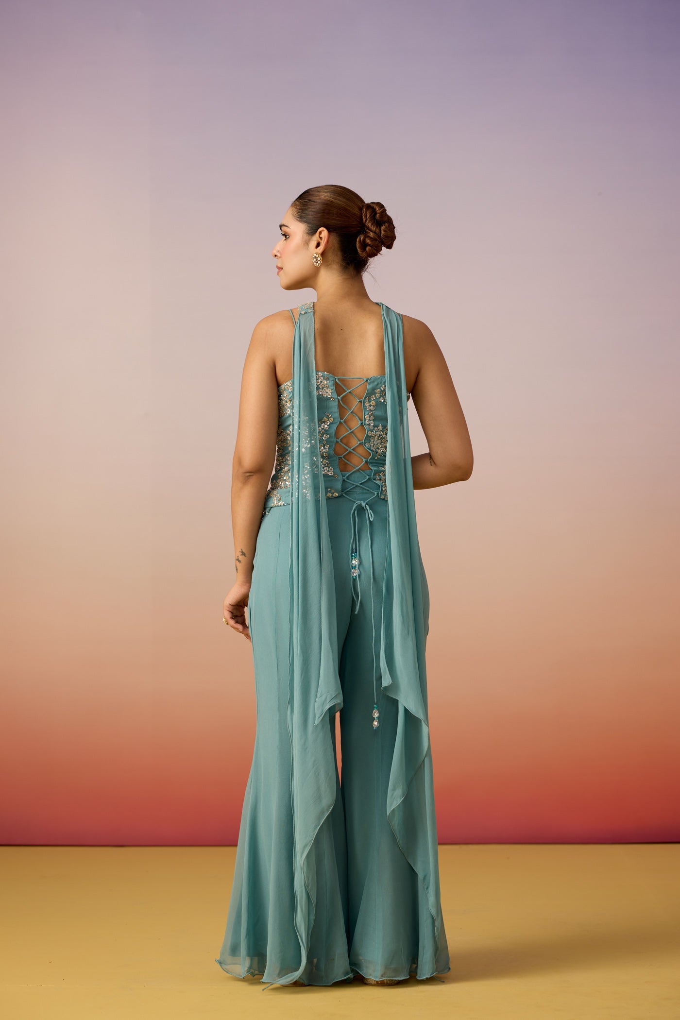 Dusty Aqua Embellished Georgette Silk Palazzo Set