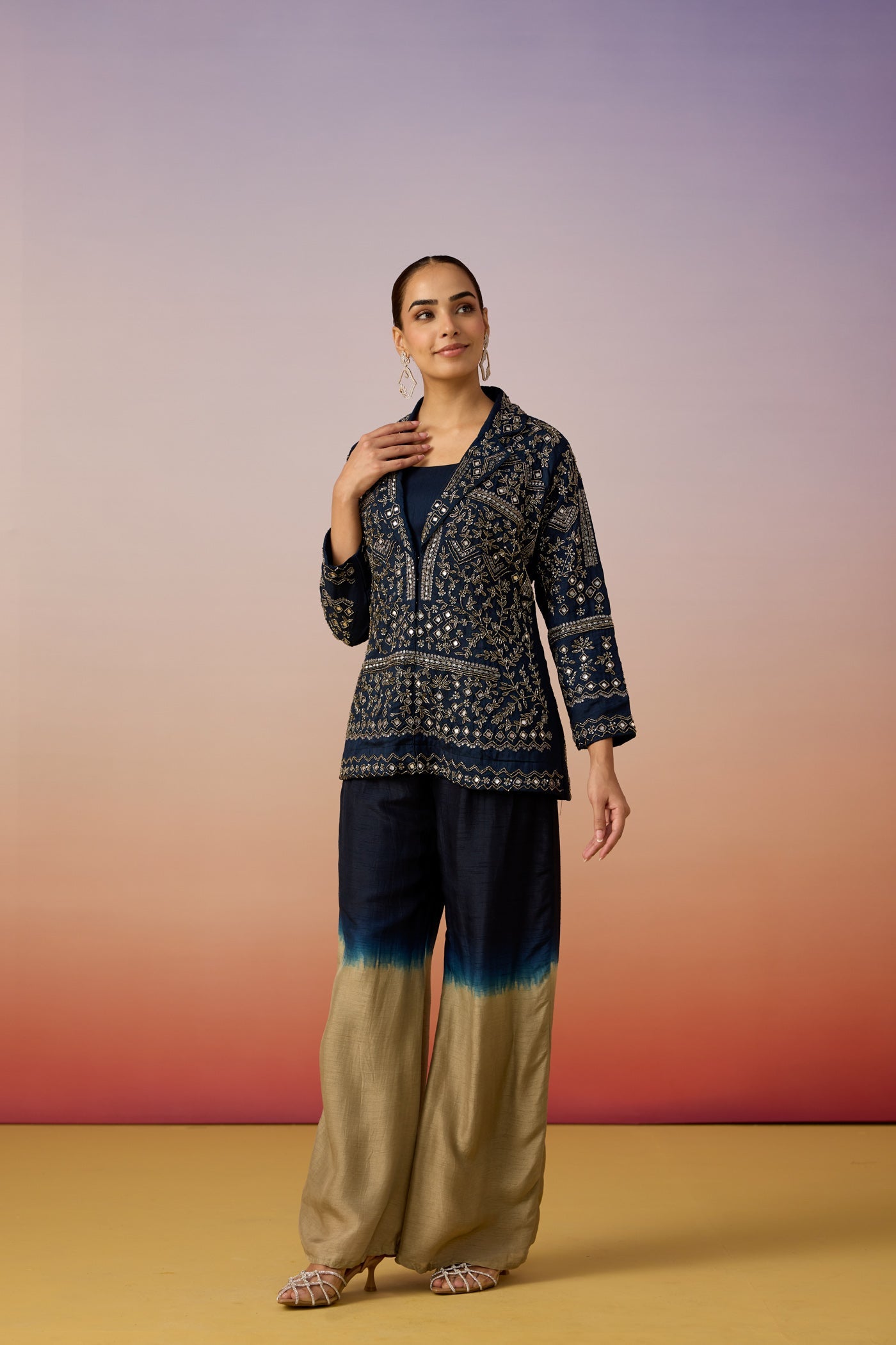 Navy Blue Embellished Dola Silk Jacket Palazzo Set