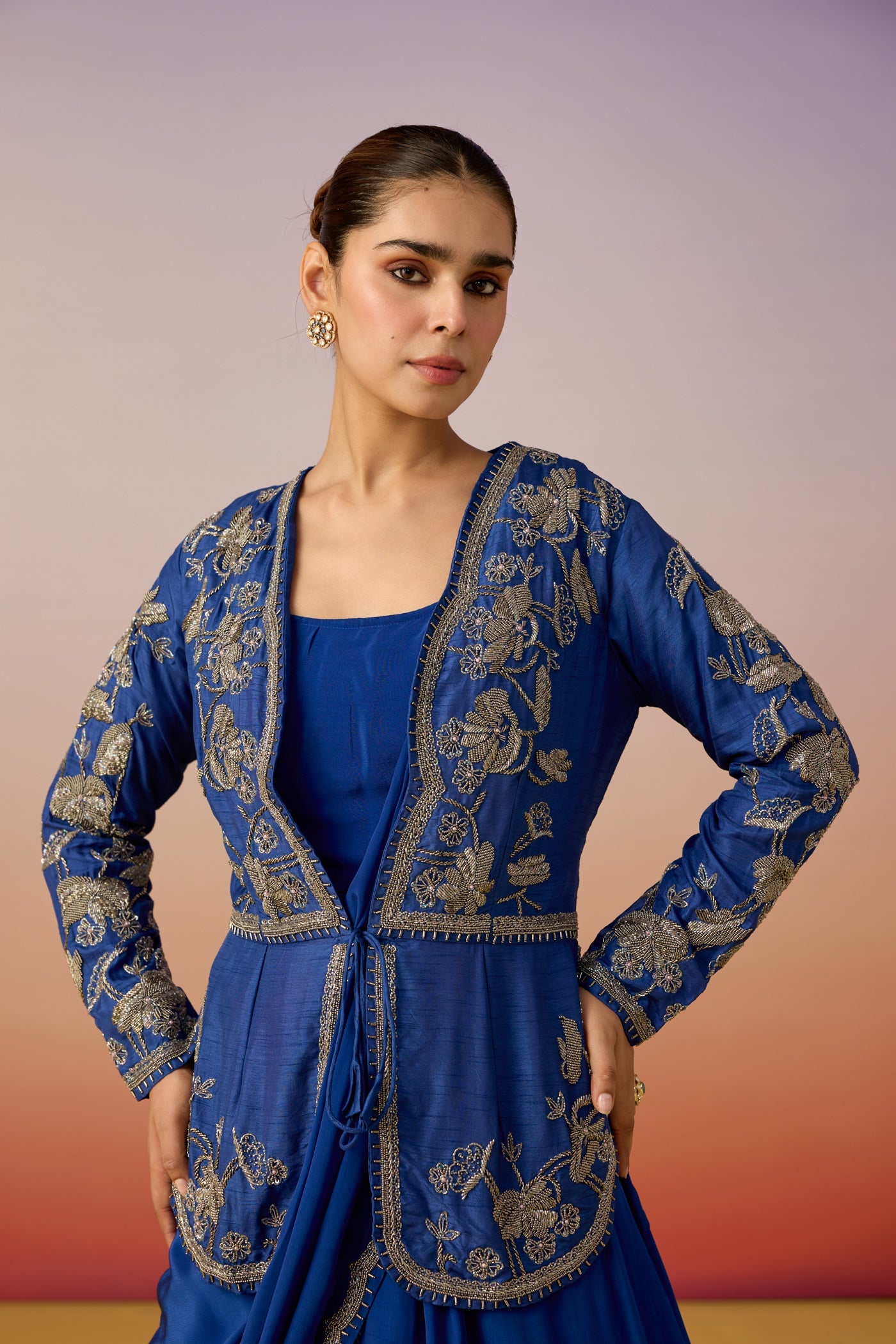 Royal Blue Embellished Raw Silk Anarkali Set