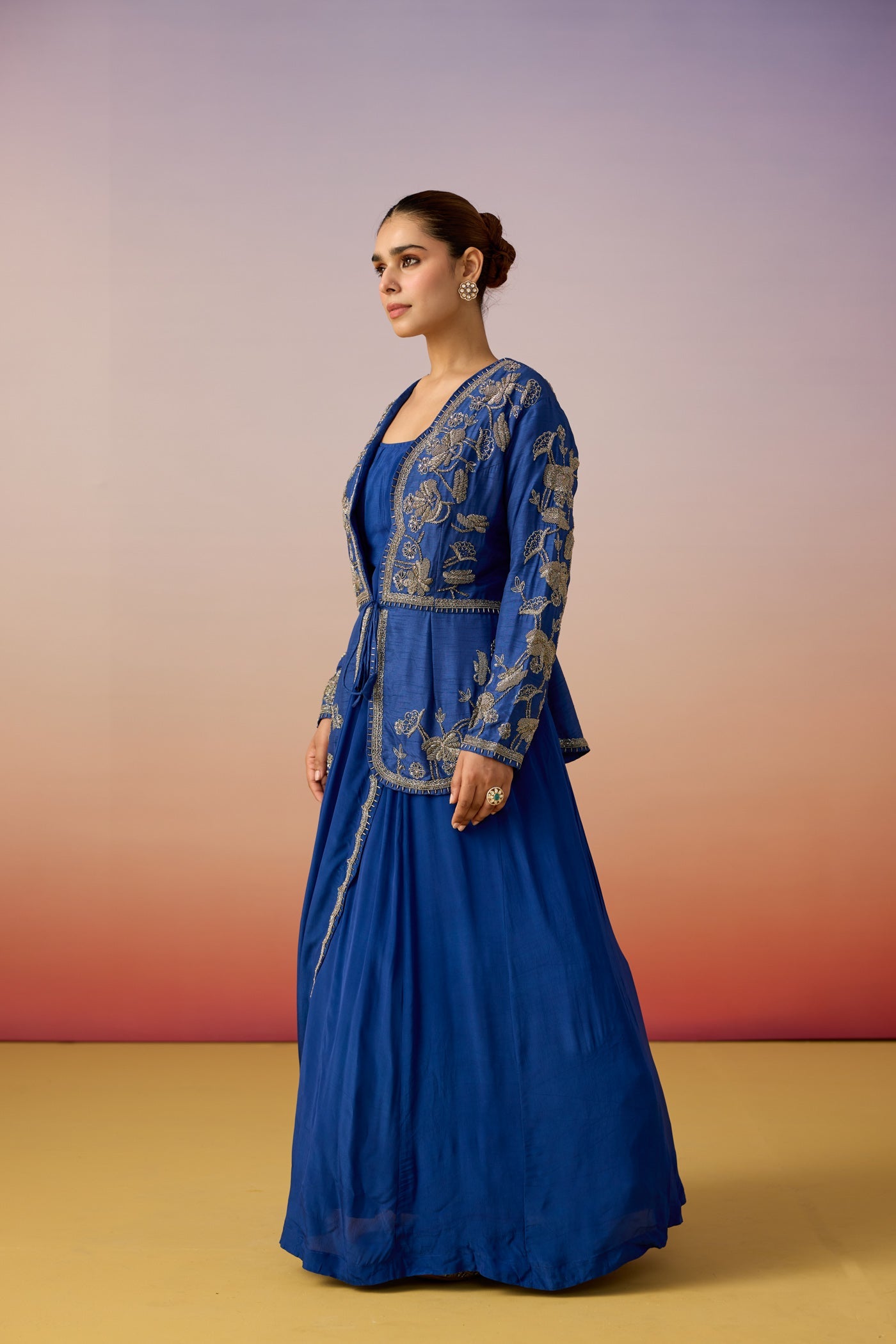 Royal Blue Embellished Raw Silk Anarkali Set