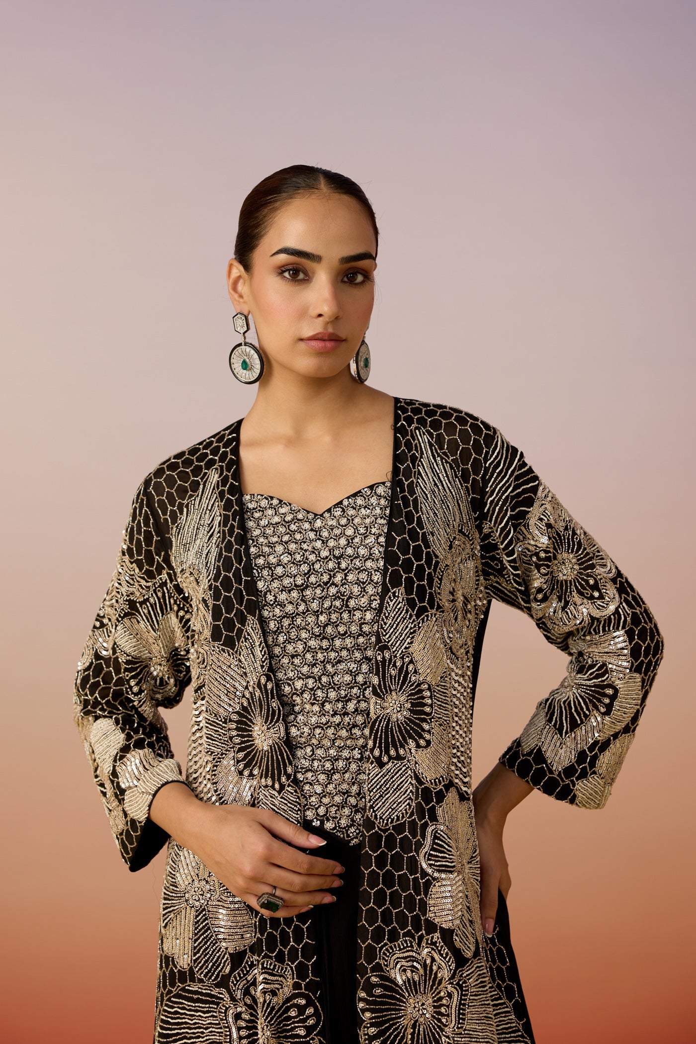 Classic Deep Black Embellished Chinon Silk Skirt Set