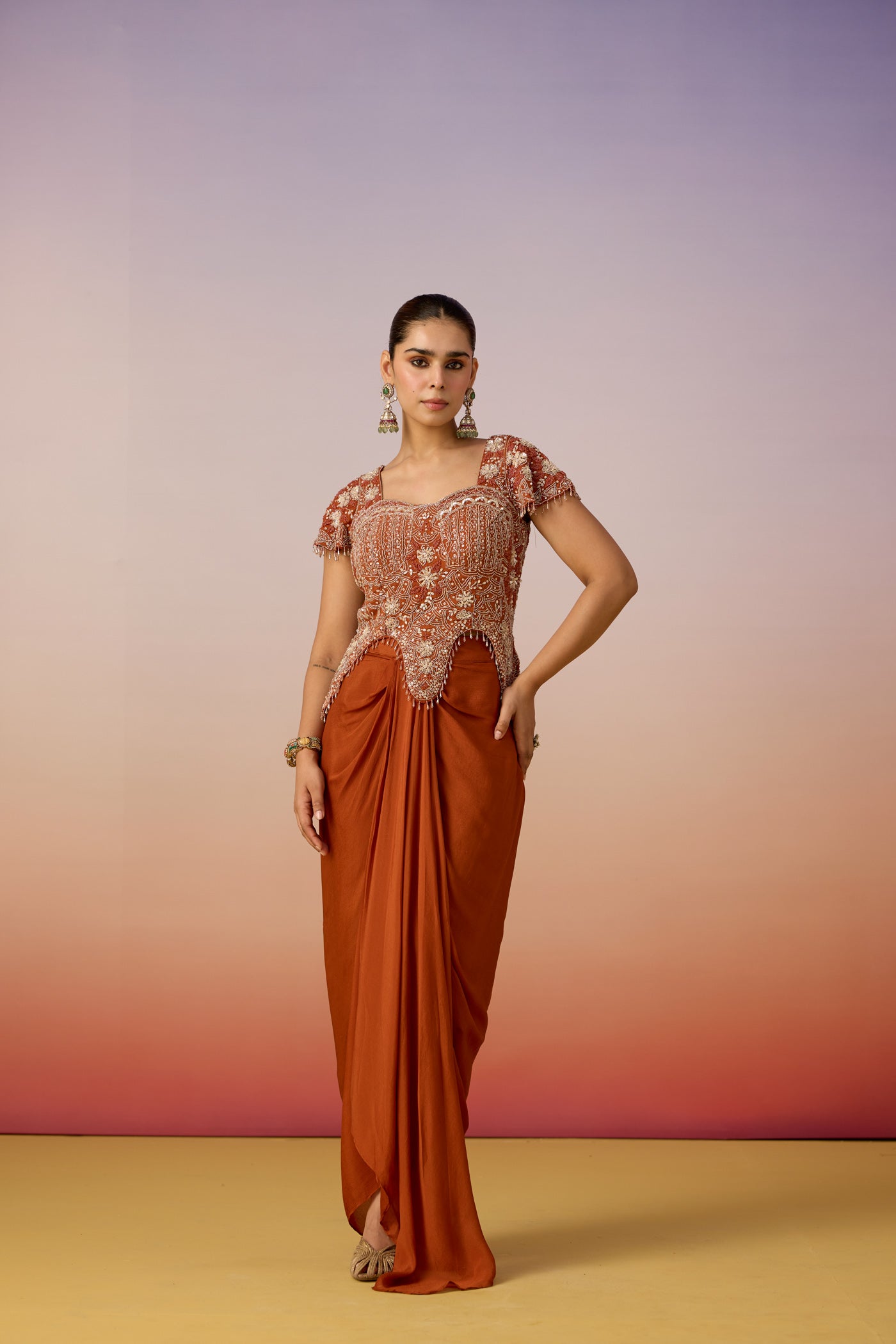Orange Rust Embellished Georgette Silk Skirt Set
