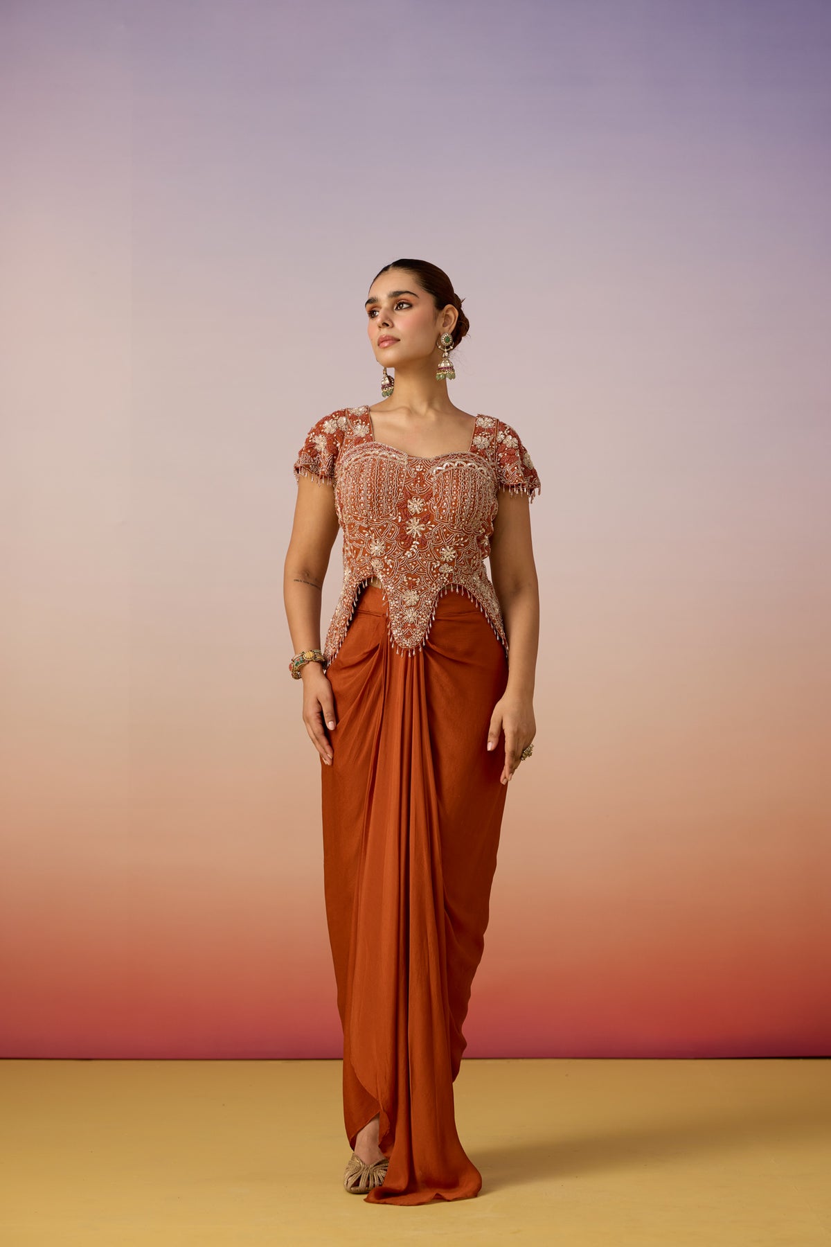 Orange Rust Embellished Georgette Silk Skirt Set