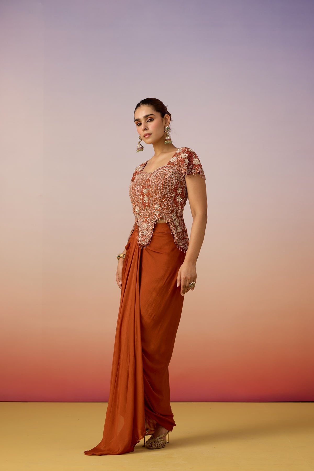 Orange Rust Embellished Georgette Silk Skirt Set